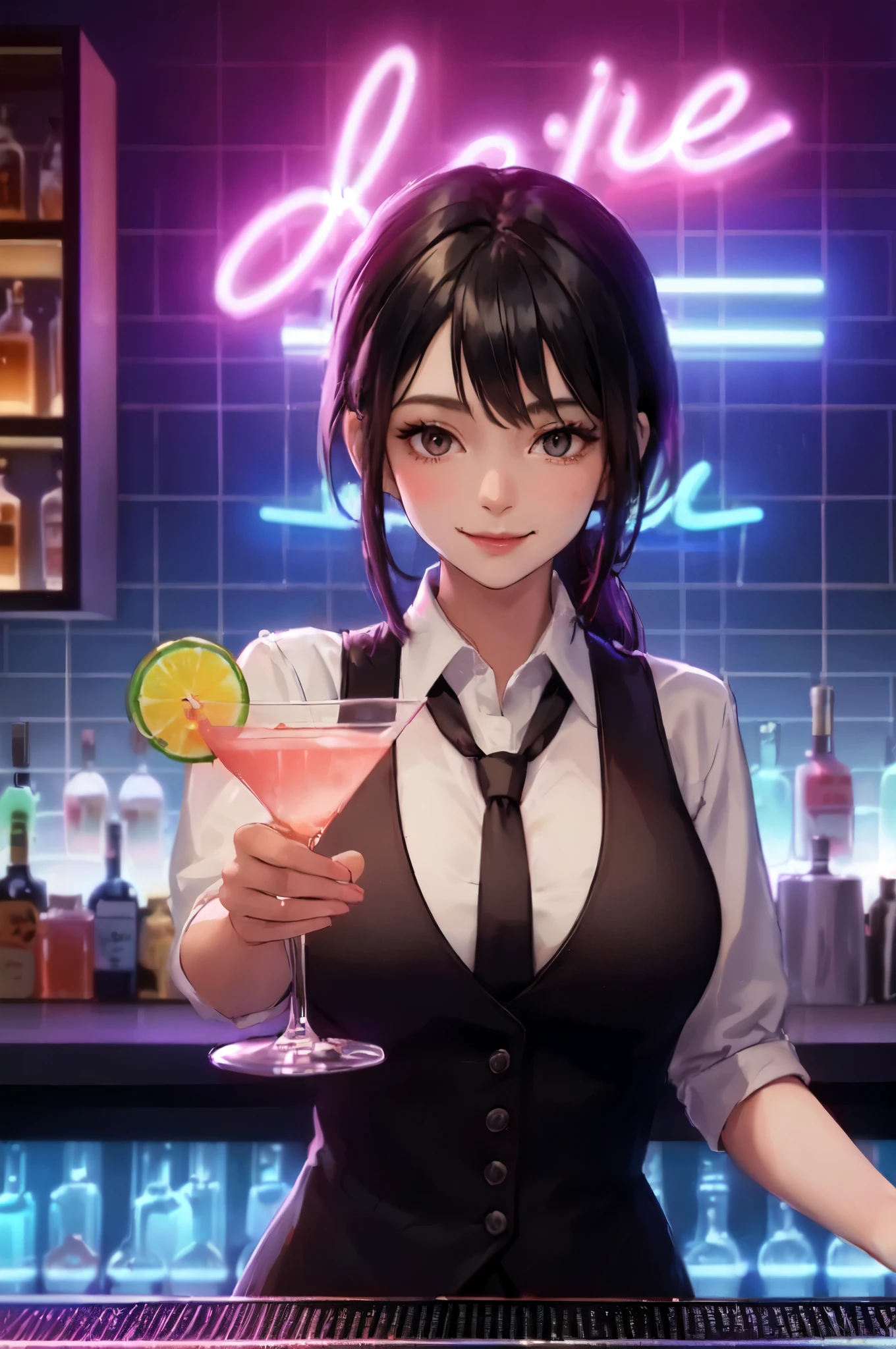 1lady standing, (holding up cocktail glass) (presenting cocktail glass toward viewers), bartender, (black vest over white dress shirt) tie, stylish outfit, mature female, /(black hair/), kind smile, (masterpiece best quality:1.2) delicate illustration ultra-detailed, medium breasts BREAK ((colorful neon signs:1.2 on wall), (neon tube) glowing BREAK (fashionable bar counter) indoors, ((cocktail glass) filled with colorful liquor), (dimly lit room), liquor bottles, detailed background