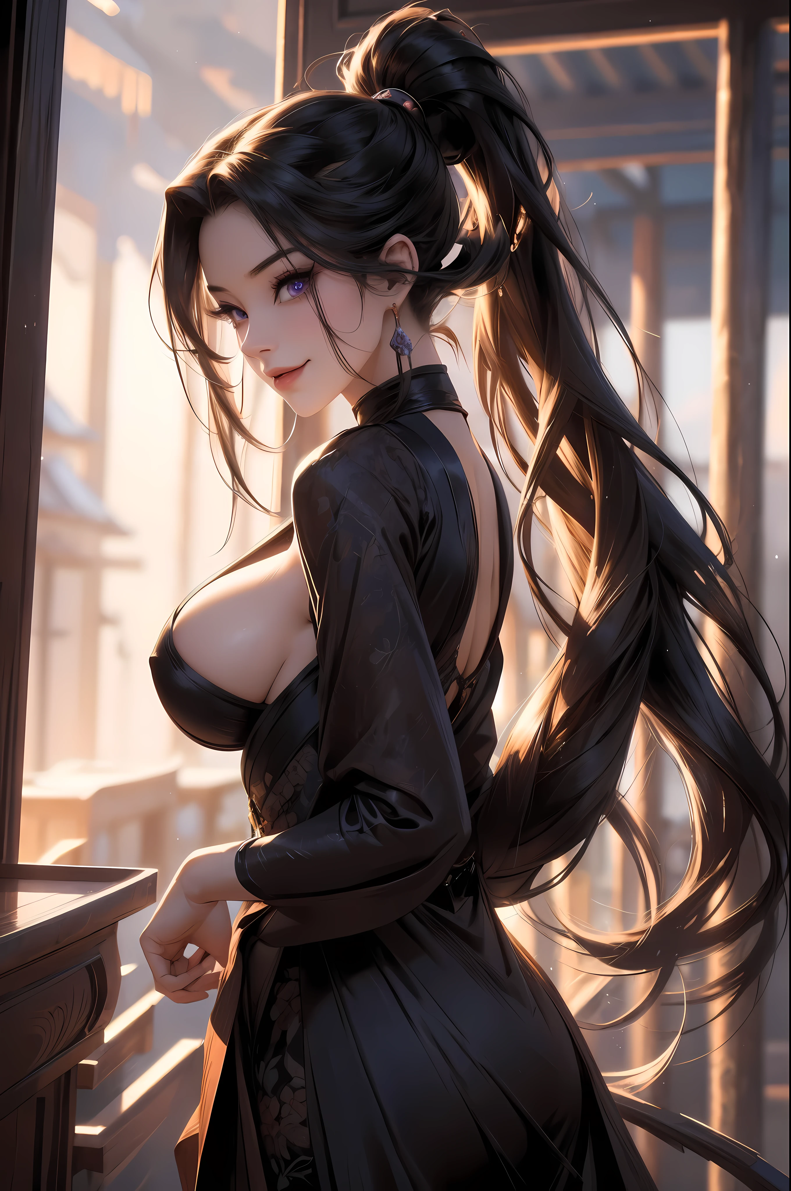 smiling wide with parted lips, a beautiful anime full-body glamour portrait of a kunoichi, goddess, enormous breasts, mischievous smile, gazing lovingly at the viewer, long hair in a ponytail, dark hair, astonishing purple eyes, smokey eye make-up, anatomically correct, mid-twenties, posing for the camera in a highly detailed hidden lagoon, mountain background, standing attack pose, WLOP. studio lighting, detailed skin, ultra, realistic, sharp features, highly detailed. Sharp focus, natural skin, natural skin texture, subsurface scattering, muted colors, skin pores, perfect face, perfect eyes, perfect full lips, supple female form, vivid, cinematic, Film light, Hyper detailed, Hyper-realistic, masterpiece, atmospheric, High resolution, Vibrant, High contrast, dark angle, 8k, HDR, 500px