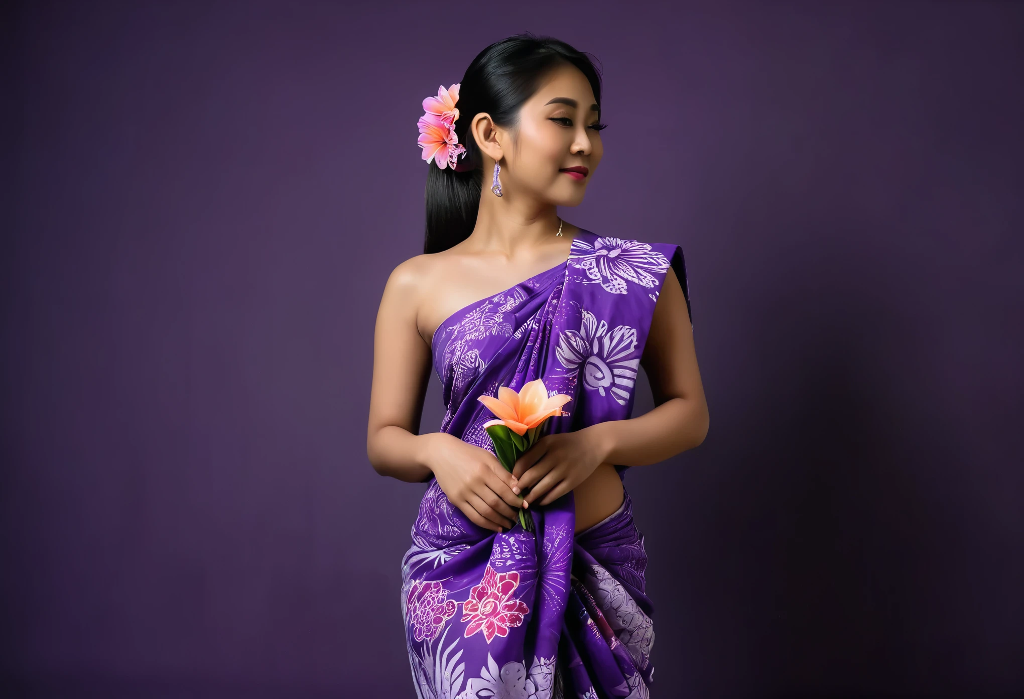 Basketball neck shirt Close-up of a 25 year old Burmese woman.,((Wear a batik sarong))Traditional Thai sarong flower pattern in a purple dress holding a bouquet of flowers,(Basketball neck shirt,),The outfit is tight., Leotard, from the side, from the side, With a new beauty, Beautiful asian arab woman, Southeast Asia that has existed for a long time, from behind, The outfit is tight., asian woman, Take beautiful full body photos., In the studio, black background,back view, Malaysian, close up body shot, Full close-up photo