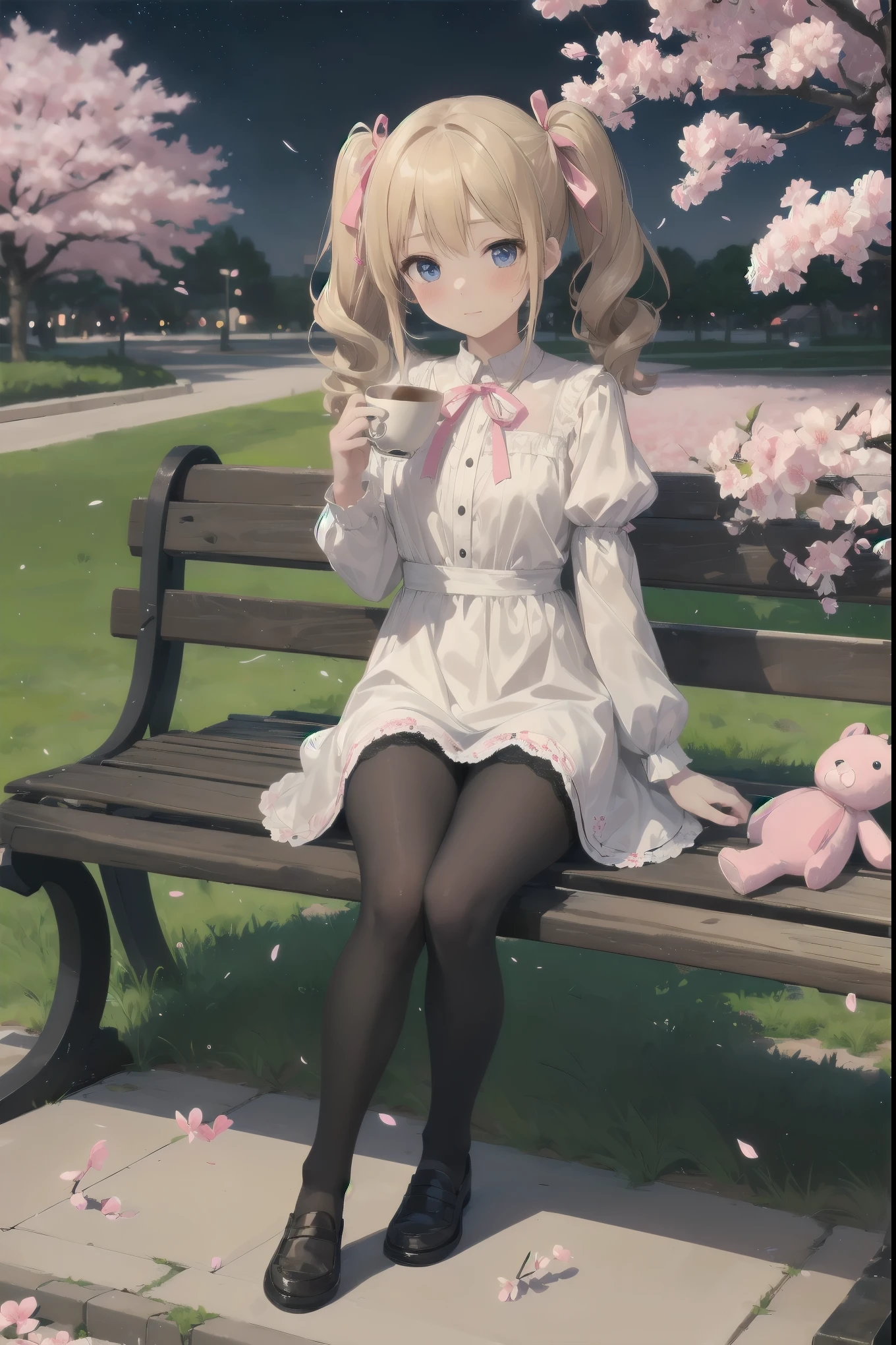 Title: "Stuffed Toys on a Starry Night

Synopsis:.
A cute  stands under a fantastic nighttime cherry blossom tree.
She is wearing black tights, and at her feet sits a cute flower-patterned stuffed animal.
Steam was rising from the air, and a cluster of particles, fluorescent in seven different colors, danced around her, creating a fluffy atmosphere.
The girl holds the stuffed animal with an embarrassed expression.
Her costume incorporates elements of lace and ribbons, harmonizing with the beauty of the nighttime cherry blossoms.

Costume

Fluffy white lace dress
Pink ribbon on the chest
Puff sleeves
Skirt is knee-length and worn with black tights
Pink loafers on her feet
Posing

Holding a large stuffed animal
Looking shy and downcast
Blushing cheeks
Hair in twin-tails tied with a pink ribbon
Situation

Walking along a row of cherry blossom trees
Sitting on a park bench
Drinking tea at a cafe
Other

The girl's hair color is blonde and her eyes are blue
Age is 14 years old
Her personality is cheerful and kind