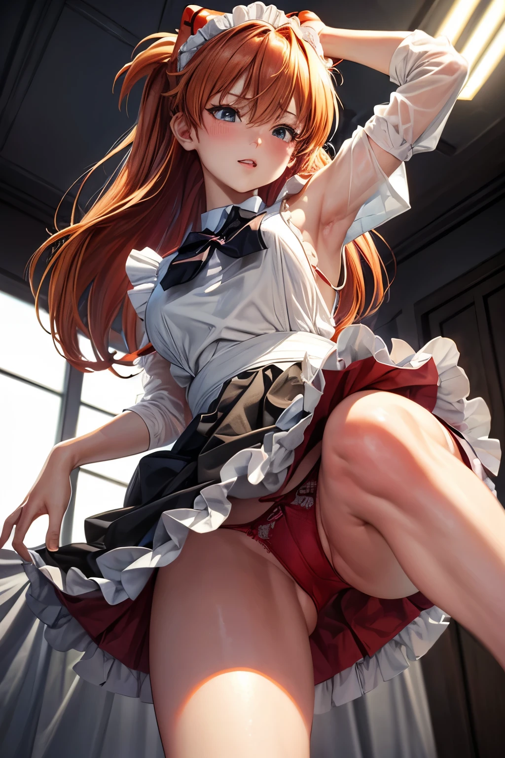 (((Soryu Asuka Langley))),  (highest quality, High resolution:1.2), ,(:1.3)、(((from below)))、((girl trembling with ))、(Flipping up a skirt to show :1.3)、(((Maid clothes)))、 dense and beautiful lips, highly detailed eyes and face, long eyelashes, Moderate:oil, Bright colors, HDR, studio lighting, Ultra-fine painting, sharp focus, Physically based rendering, extreme details, portrait, curved body, perfect shape, Face-to-face audience, nice, Half-body photo, displayed in full frame, lace  ,babydoll、