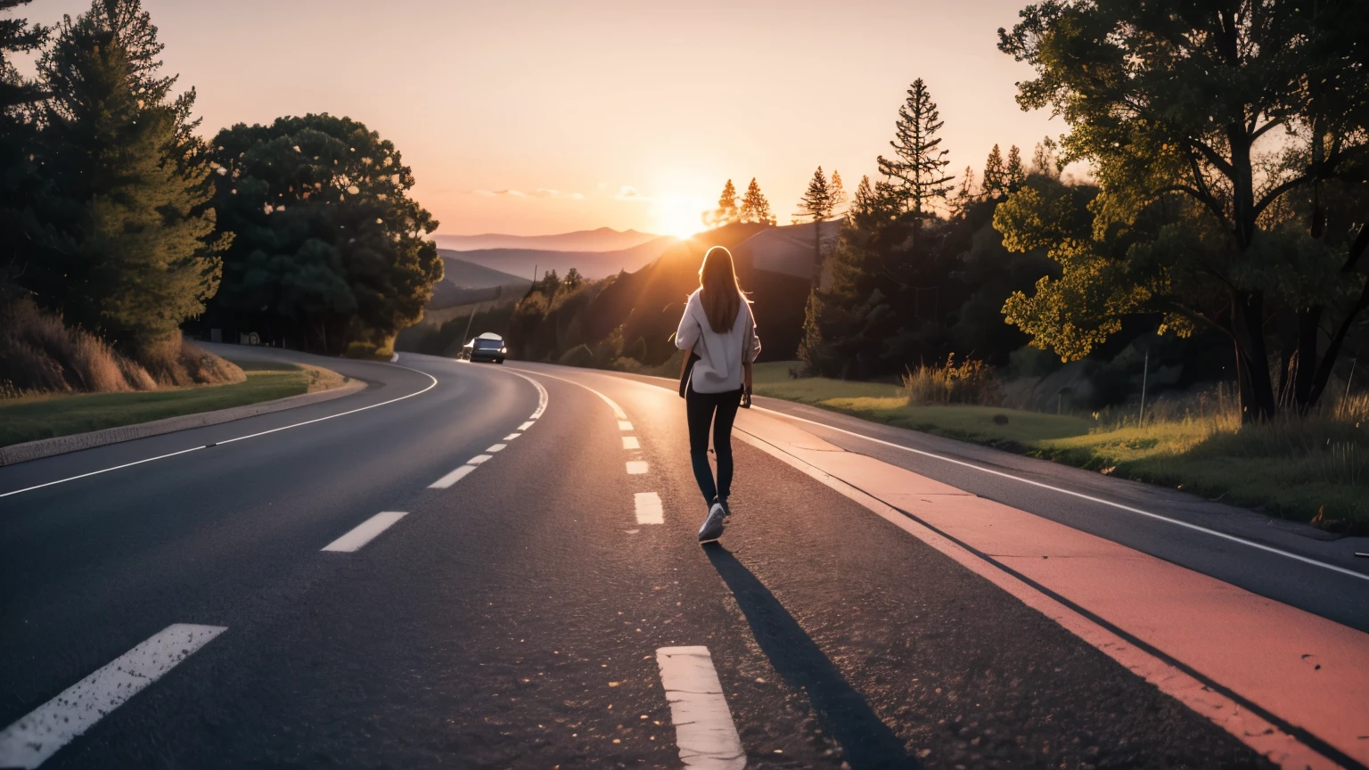 A person walks confidently on the road, their footsteps echoing with each step they take. The sun sets in the background, casting a warm, orange glow over the landscape. The person wears a simple yet stylish outfit, with the wind gently blowing their hair. Their face is serene and focused, as they take in the scenery around them. The road stretches out before them, leading to the horizon, where the sun begins to dip below the trees. The sky is awash with a beautiful array of colors - pinks, oranges, and purples. The person continues to walk, leaving behind a trail of dust on the road. 3D Octane rendering, ray tracing, super detailing view