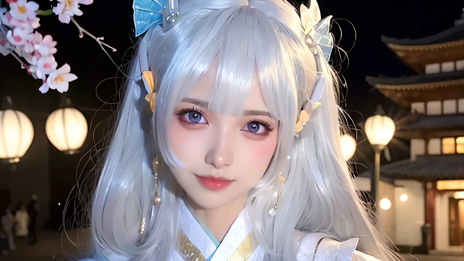 (ulzzang-6500-v1.1:0.8),(original photo:1.2),((lifelike:1.4)),(Upper body),best quality ,masterpiece, extremely delicate and beautiful, Very detailed ,CG ,Unite ,8k wallpaper, Astonishing, fine details, masterpiece,best quality,official art,Very detailed CG Unite 8k wallpaper,Ridiculous, incredibly Ridiculous, File size is huge, Super detailed, high resolution, Very detailed,Beautiful and delicate girl, Very detailed eyes and face, Beautiful and delicate eyes,There is light on the face,movie lighting,1 girl,looking at the audience,east asian architecture,(blurred background:1.2),Cherry blossoms, lantern light, depth of field,