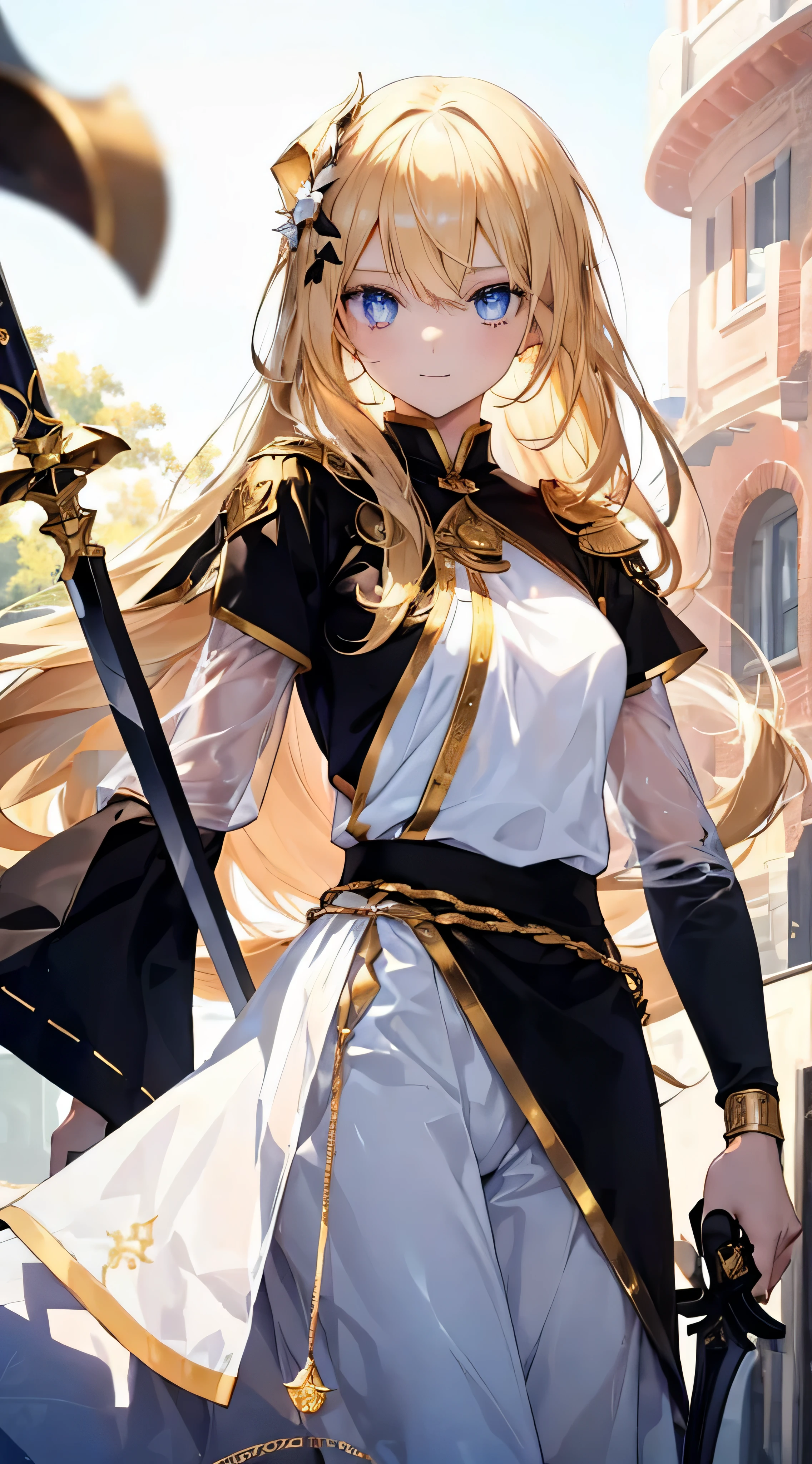 1girl, ( young girl, cute girl), slim body.medium breast, blonde hair.detailed beautiful eyes. Glowing eye. Gold  eyes, long hair, bangs, black flower hair ornament, white T - shirt, holding sword, top body.smile