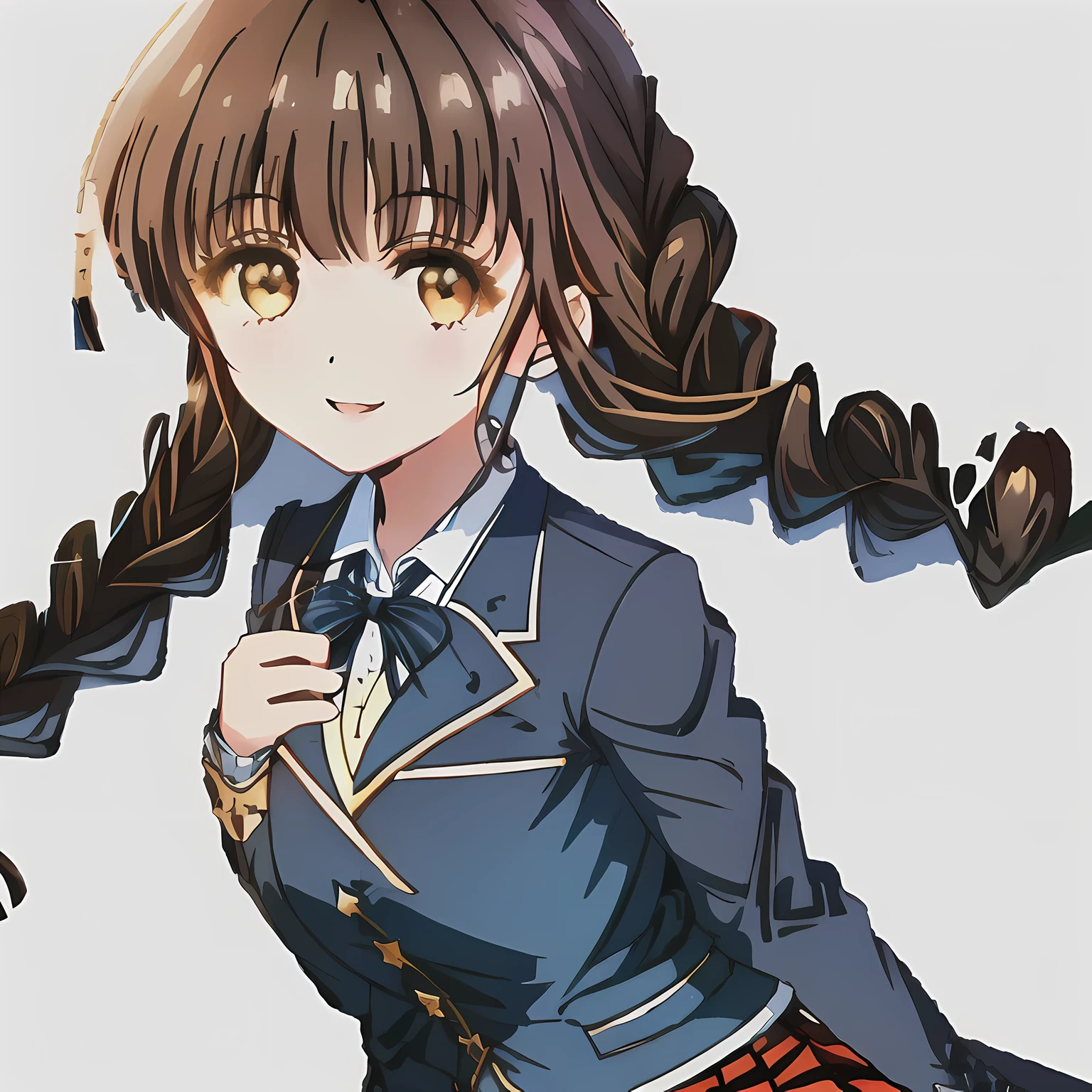 highest quality, (masterpiece:1.2), High resolution, perfect pixel, 1 girl, , ((girly large deep blue silk Japanese school ribbon bow tie)), (((a pair of dark brown tightly braids hair style))), ((((dark blue & deep navy colored tartan checkered middle long skirt)))), ((A formal dark blue blazer with a golden emblem on the left chest that feels like cloth.)),looking at the viewer。
