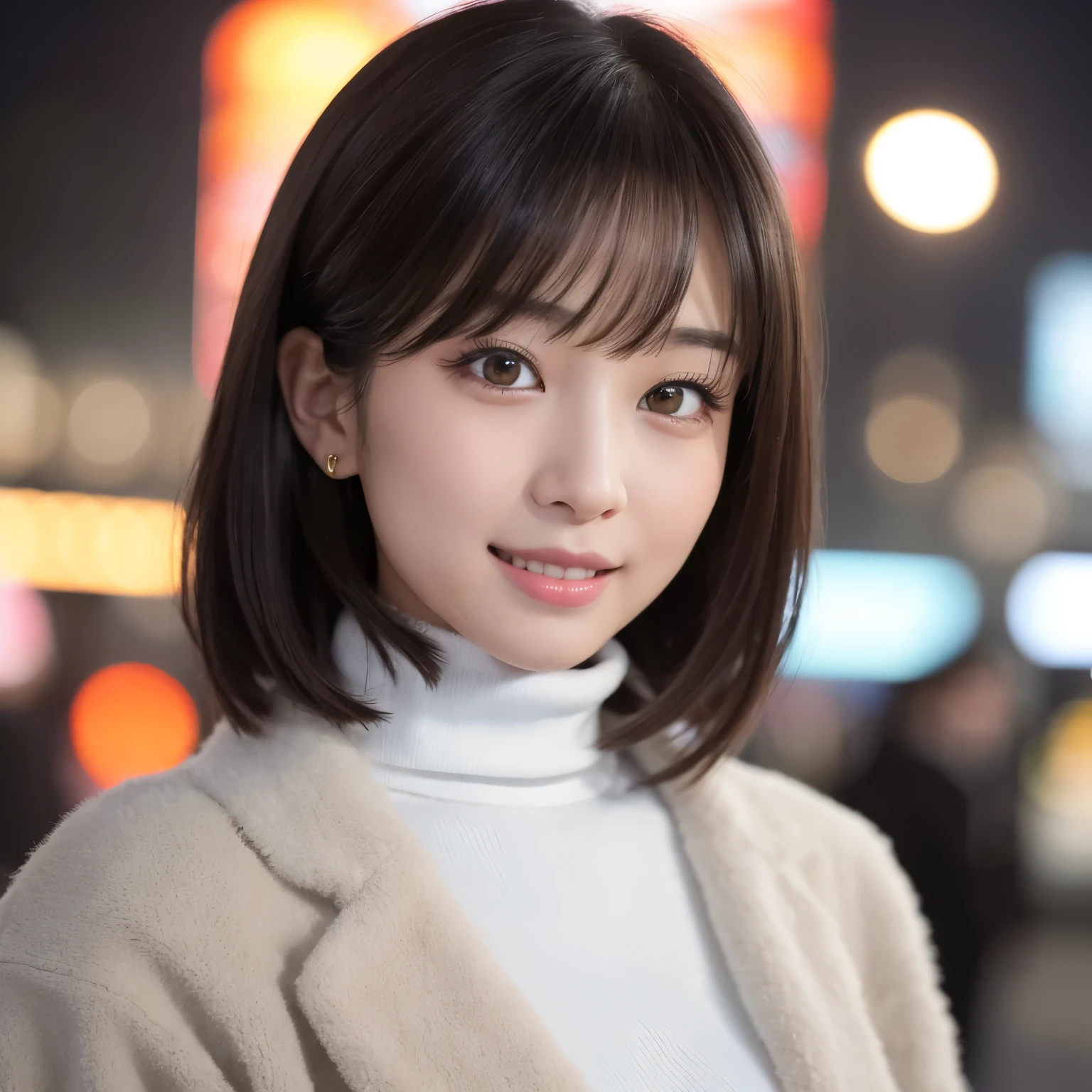 (highest quality、table top、8K、best image quality、Award-winning work、ultra high resolution)、1 girl、(turtleneck knit:1.2)、(thick shearling coat:1.15)、(shortest short bob:1.1)、epic movie lighting、very moody and romantic lighting、It&#39;s snowing、Shinjuku at night、Glittering night view、blurry night view、perfect anatomy、(big breasts:1.1)、(emphasize the bust line:1.1)、slender body, look at me and smile、perfect makeup、long eyelashes、ultra high resolutionの煌めく瞳、ultra high resolutionの髪の毛、ultra high resolutionの艶のある唇、ultra high resolutionの美しい歯、ultra high resolutionの可愛い顔、blurred background、Premonition of romantic love、(close up of face:1.15)、(look at me and smile:1.1)