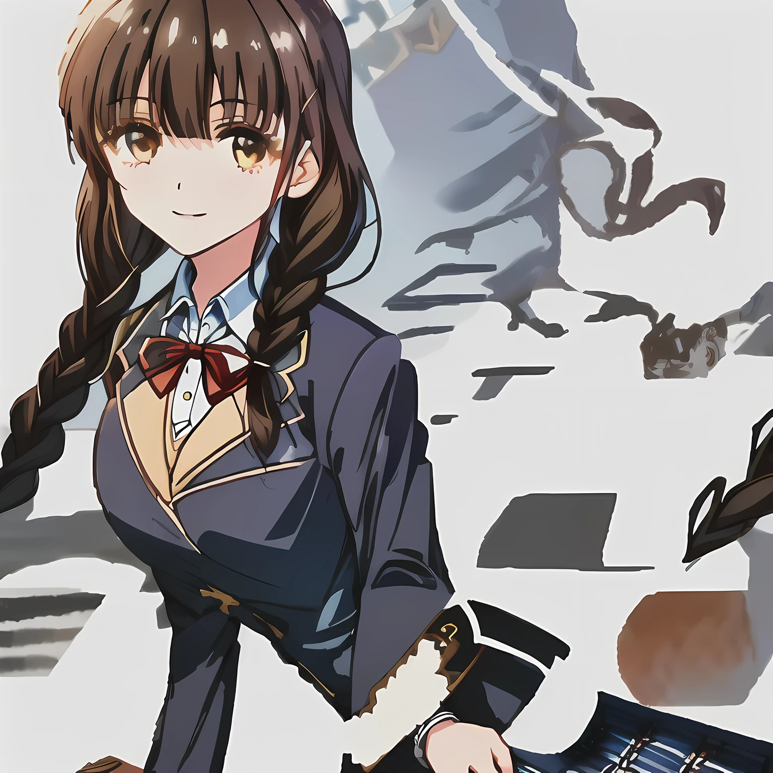 highest quality, (masterpiece:1.2), High resolution, perfect pixel, 1 girl, 16 years old, ((girly large deep blue silk Japanese school ribbon bow tie)), (((a pair of dark brown tightly braids hair style))), ((((dark blue & deep navy colored tartan checkered middle long skirt)))), ((A formal dark blue blazer with a golden emblem on the left chest that feels like cloth.)),looking at the viewer。