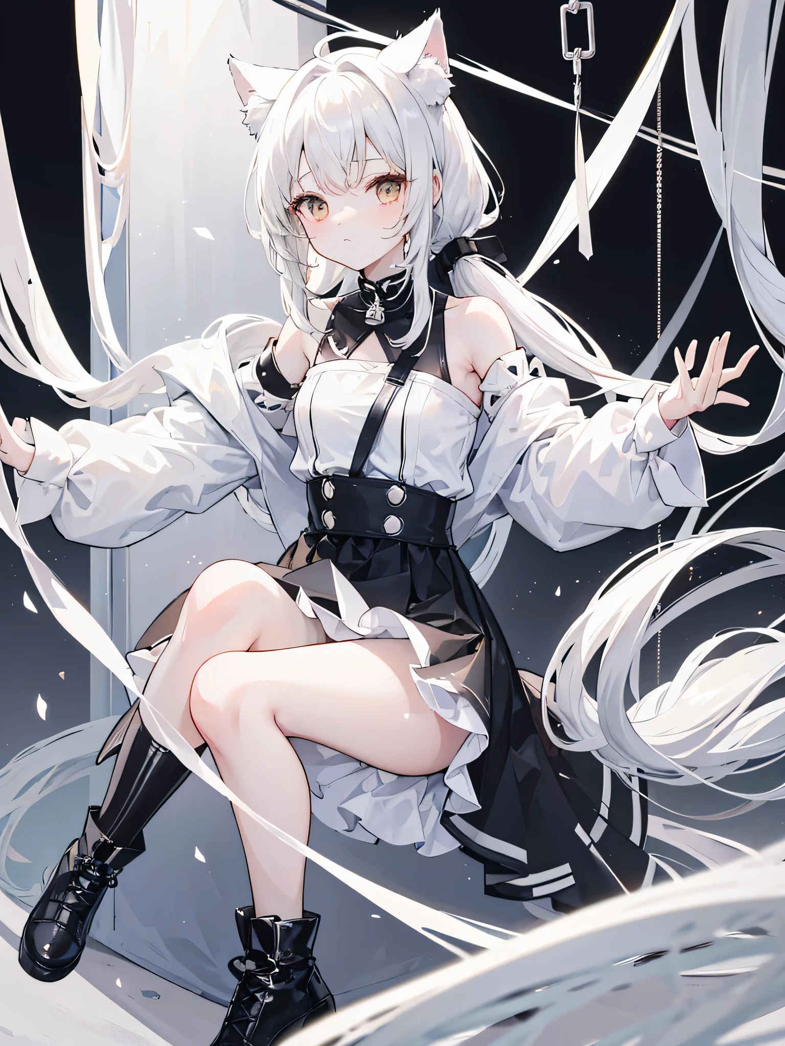 Pure cream white double ponytail,Crush the hair curtain。brown eyes,cat ears,White off-the-shoulder neck top,Matching black and gray skirt,,Black and white matching,white boots,girl,Dance,Swing your body from side to side,Medium build