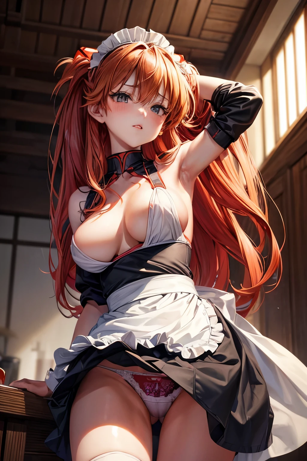 (((Soryu Asuka Langley))),  (highest quality, High resolution:1.2), ,(nsfw:1.3)、(((from below)))、((girl trembling with sexual climax))、(Flipping up a skirt to show underwear:1.3)、(((Maid clothes)))、 dense and beautiful lips, highly detailed eyes and face, long eyelashes, Moderate:oil, Bright colors, HDR, studio lighting, Ultra-fine painting, sharp focus, Physically based rendering, extreme details, portrait, curved body, perfect shape, Face-to-face audience, nice, Half-body photo, displayed in full frame, lace sexy underwear,doll、