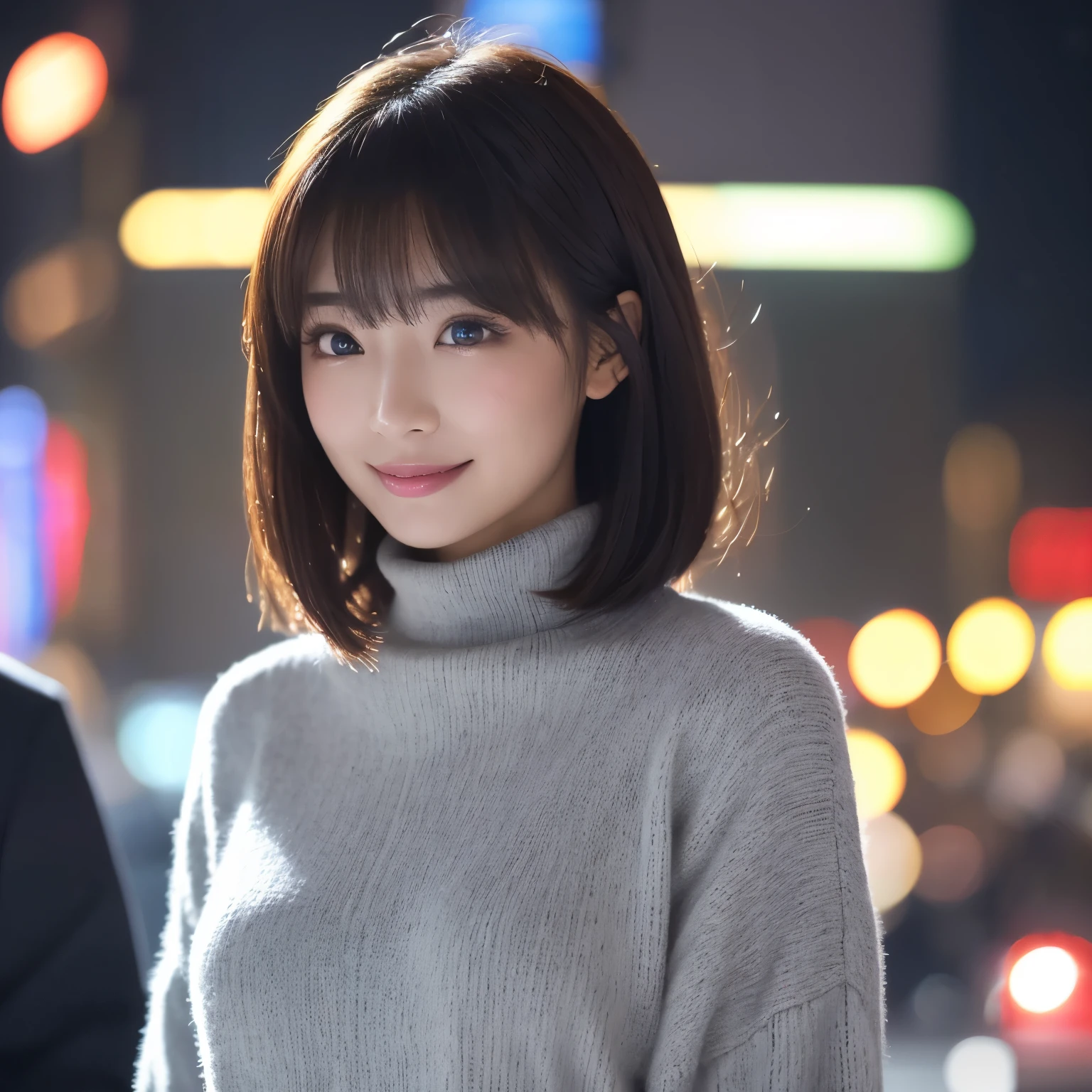 (highest quality、table top、8K、best image quality、Award-winning work、ultra high resolution)、1 girl、(turtleneck knit:1.2)、(thick shearling coat:1.15)、(shortest short bob:1.1)、epic movie lighting、very moody and romantic lighting、It&#39;s snowing、Shinjuku at night、Glittering night view、blurry night view、perfect anatomy、(big breasts:1.1)、(emphasize the bust line:1.1)、slender body, look at me and smile、perfect makeup、long eyelashes、ultra high resolutionの煌めく瞳、ultra high resolutionの髪の毛、ultra high resolutionの艶のある唇、ultra high resolutionの美しい歯、ultra high resolutionの可愛い顔、blurred background、Premonition of romantic love、(close up of face:1.15)、(look at me and smile:1.1)