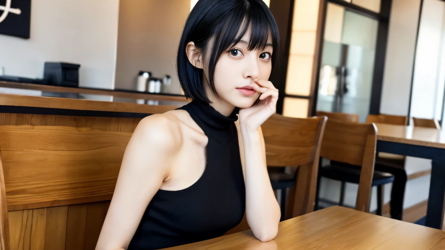 japanese woman, 28 years old, slender body shape, small breasts, very thin waist, beautiful face, beautiful eyes, black short hair, wearing a tight and short knit dress, sitting at a stylish cafe, 1 girl, alone, detailed face and eyes, small fingers and arms. full body photo. realistic, realistic.