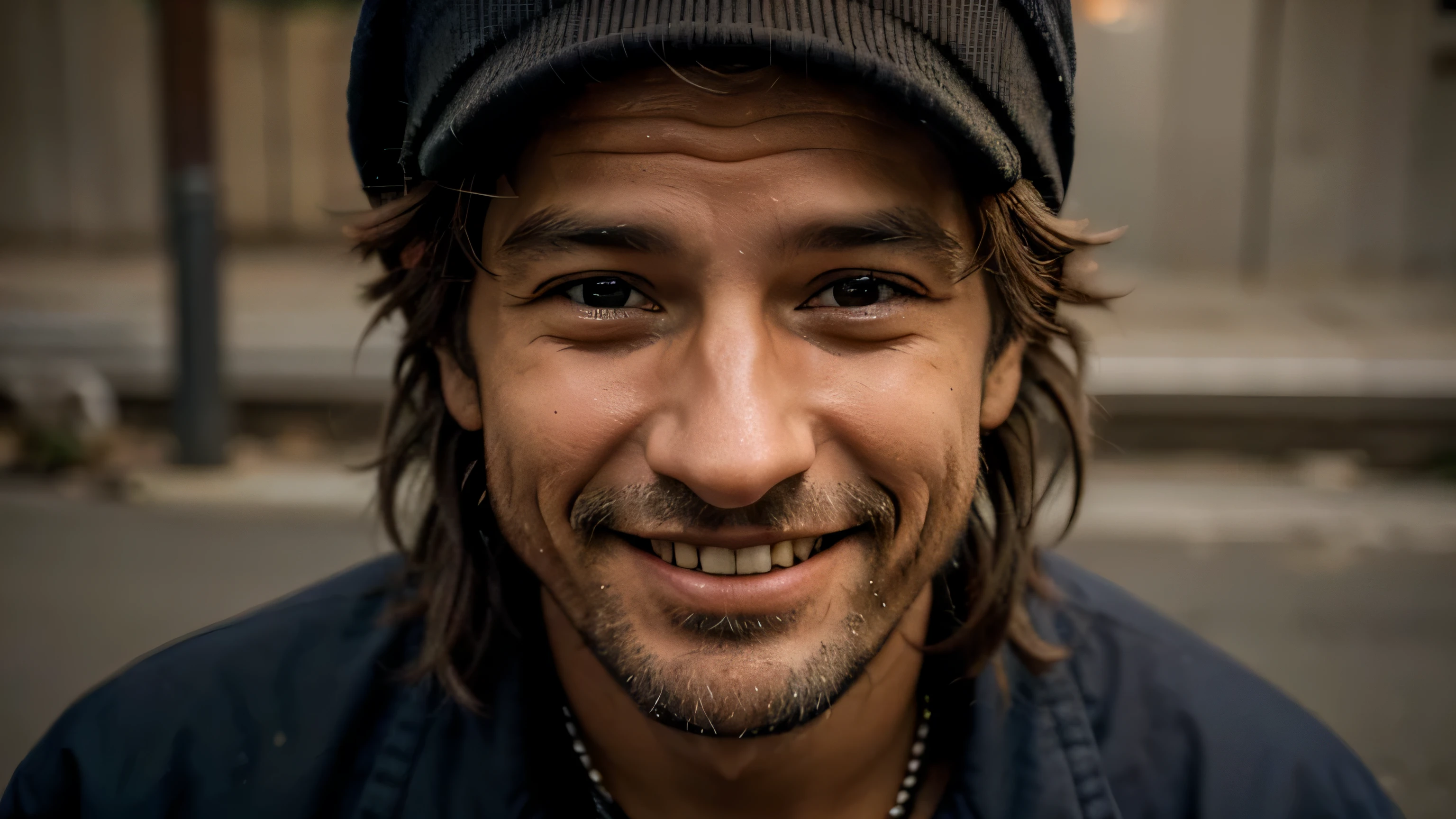 A homeless man in an alley smiling up close, portrait, cinematic, high detail