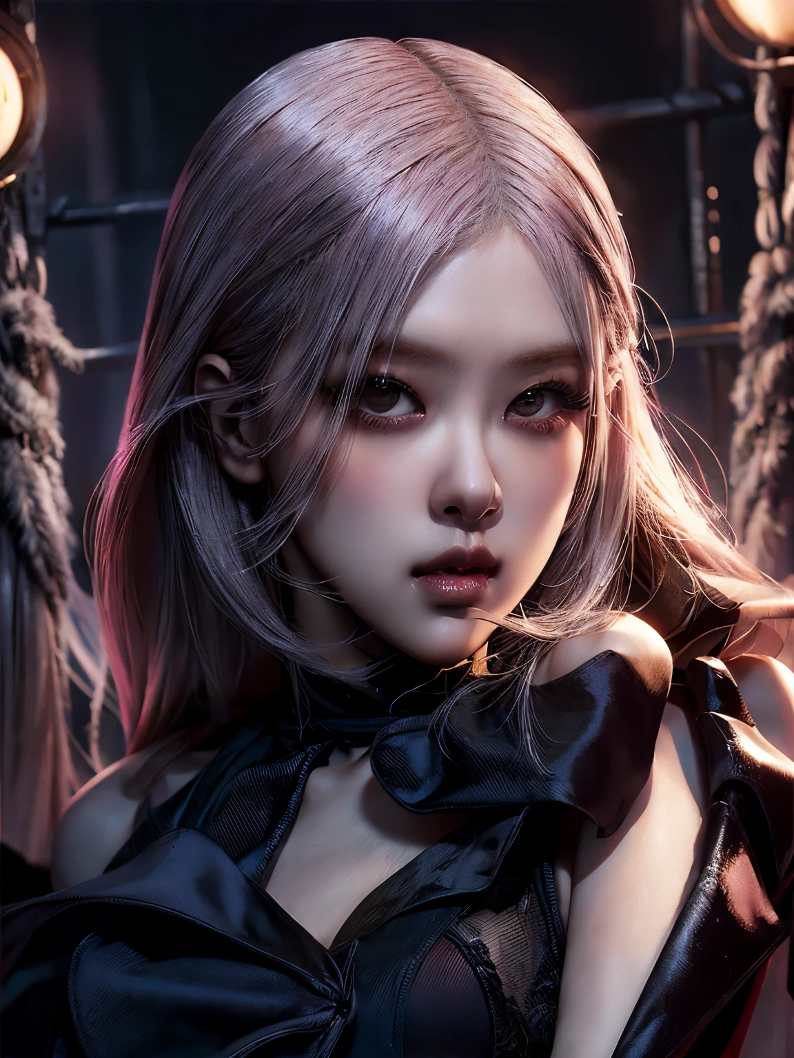 Princess of Darkness,pink hair,busty,Glamour,Gorgeous,Jewelry,monochromes,Gothic goddess,Dark Fantasy,Dark Venus,erotic posing,Dynamic Posing,Dramatic,Cinematic,Detailed background,Gothic background,Dark fantastic view,Best Quality,masutepiece,8K,The ultimate detailed dark background, Top image quality、RAW photography、超A high resolution、show legs，cropped shoulders，close-up all over the body，Be red in the face，overall look is very erotic。（Hand optimization），（Details are strengthened），（High Picture Quality） An 18-year-old female、Shot for one person only、model shoot、medium breasts、Wearing a black skirt、Beautiful Eyes of Details、Very slender eyes、Beautiful eyelashes、beautiful double eyelid、Very slim physique, Shy, with blush cheeks, Show off