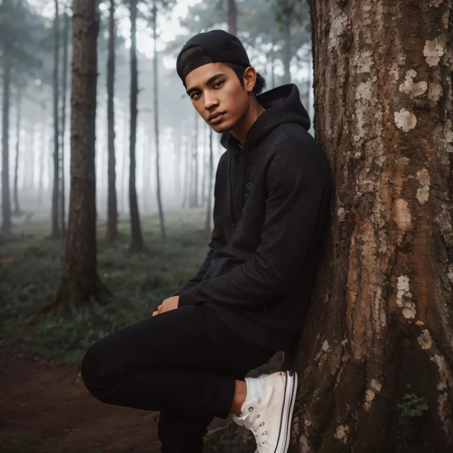 full body shot, wide shot, cinematic portrait of handsome 20 year old Indonesian man with snapback black, wearing hoodie and white converse shoes, leaning against a tree in a misty forest, tall tree, lonely handsome man, wearing a sweater, artistic portrait, calm and quiet atmosphere, bokeh background showing a misty forest, high detailed image, view of the camera
