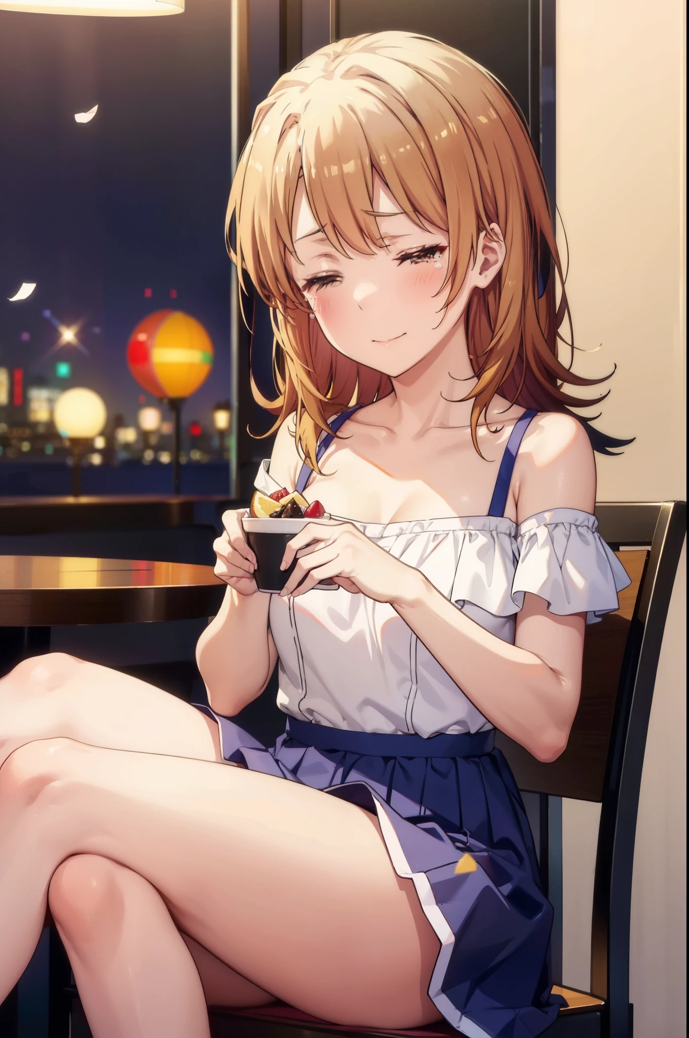 irohaisshiki, iroha isshiki, long hair, brown hair, smile,blush,open your mouth,close both eyes,tears run down her face,Crying with joy,cry a lot,white off shoulder dress,bare clavicle,bare shoulders,naked neck,long skirt,stiletto heels,A large cake and food are placed on the table.,sitting in a chair,confetti,ロマンチックな雰囲気
break indoors, A restaurant with a beautiful night view,
break looking at viewer,
break (masterpiece:1.2), highest quality, High resolution, unity 8k wallpaper, (figure:0.8),  highly detailed face, perfect lighting, Very detailed CG, (perfect hands, perfect anatomy),