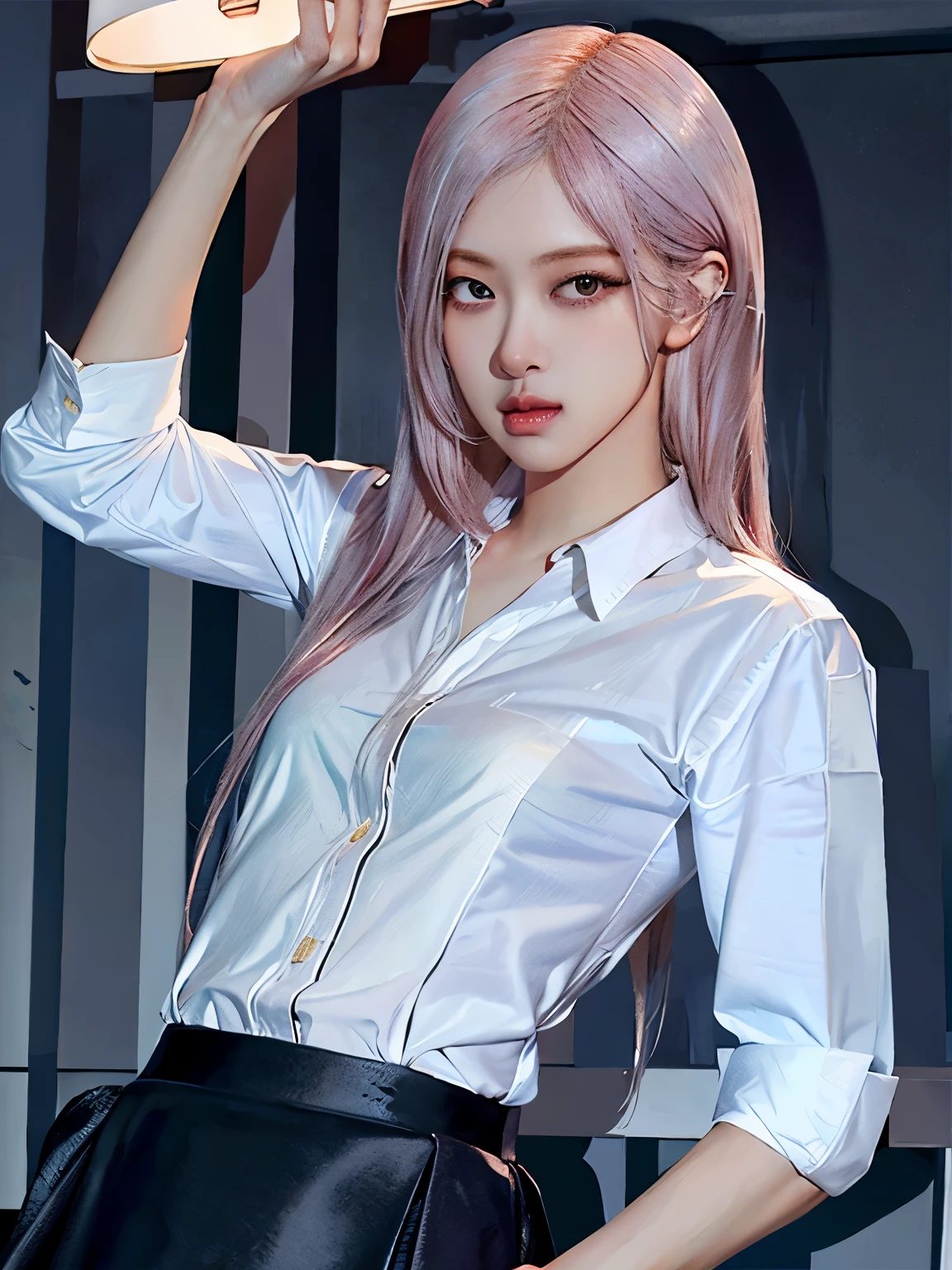 ((Realistic lighting, Best Quality, 8K, Masterpiece: 1.3)), Focus: 1.2, 1girl, Pink hair, Perfect Beauty: 1.4, Slim Abs: 1.1, (White Shirt: 1.4), ( Super Fine Face, Fine Eyes, Double Eyelids,Gorgeous,Jewelry,Dynamic Posing,standing Pose,Dramatic,Cinematic,Detailed background,RAW photography、超A high resolution、show legs，close-up all over the body，Hand optimization），（Details are strengthened），（High Picture Quality）model shoot、Wearing a black skirt、Beautiful Eyes of Details、Very slender eyes、Beautiful eyelashes、beautiful double eyelid