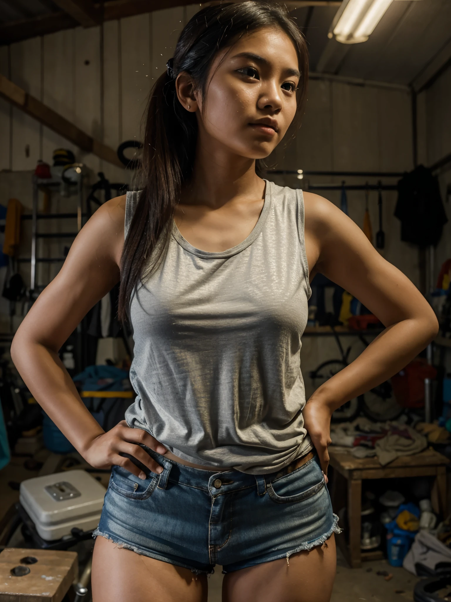 a beautiful 20 year old Indonesian girl wearing a sleeveless shirt and rough shorts is trying to repair a bicycle in the garage, normal fingers, 4k face, atmospheric background.