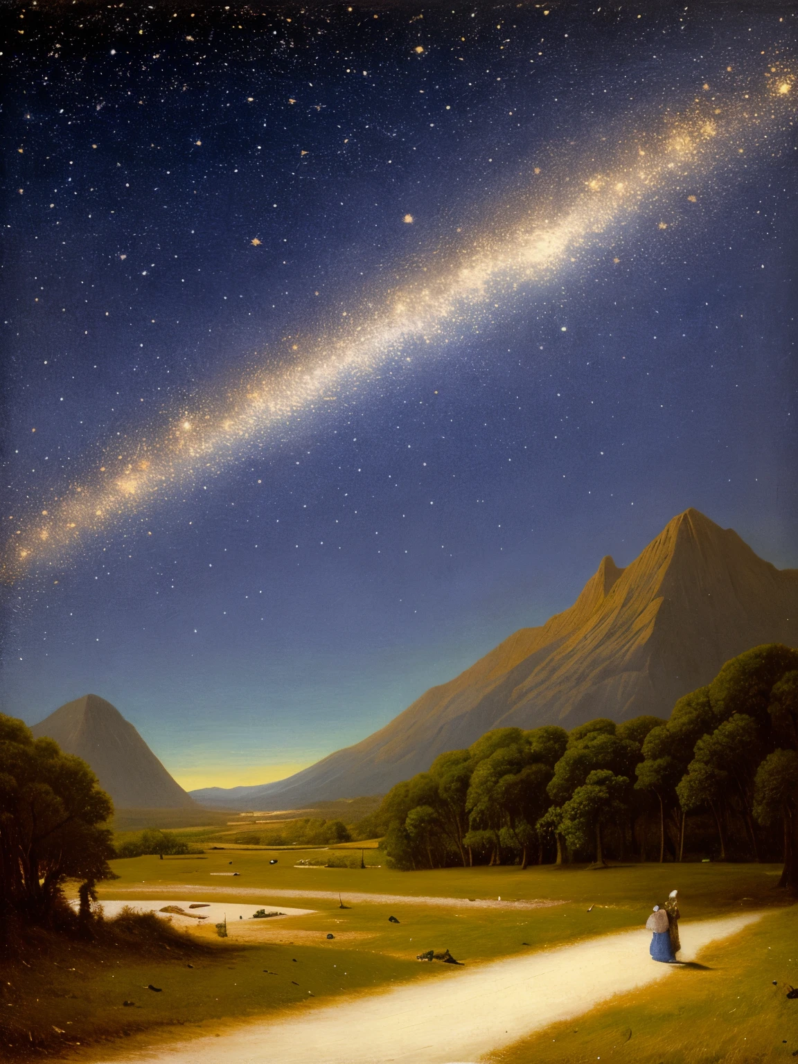 a painting of a cross in the sky with a mountain in the background, baroque painting. star lit sky, by Jakub Schikaneder, stary night painting, by Tim White, star lit sky, starry-night!!!!!!!!!!!!!!!!!!!!, starlit sky, star in the sky, starry skies, by Frederick Edwin Church, stary sky, starry sky, by Justin Gerard