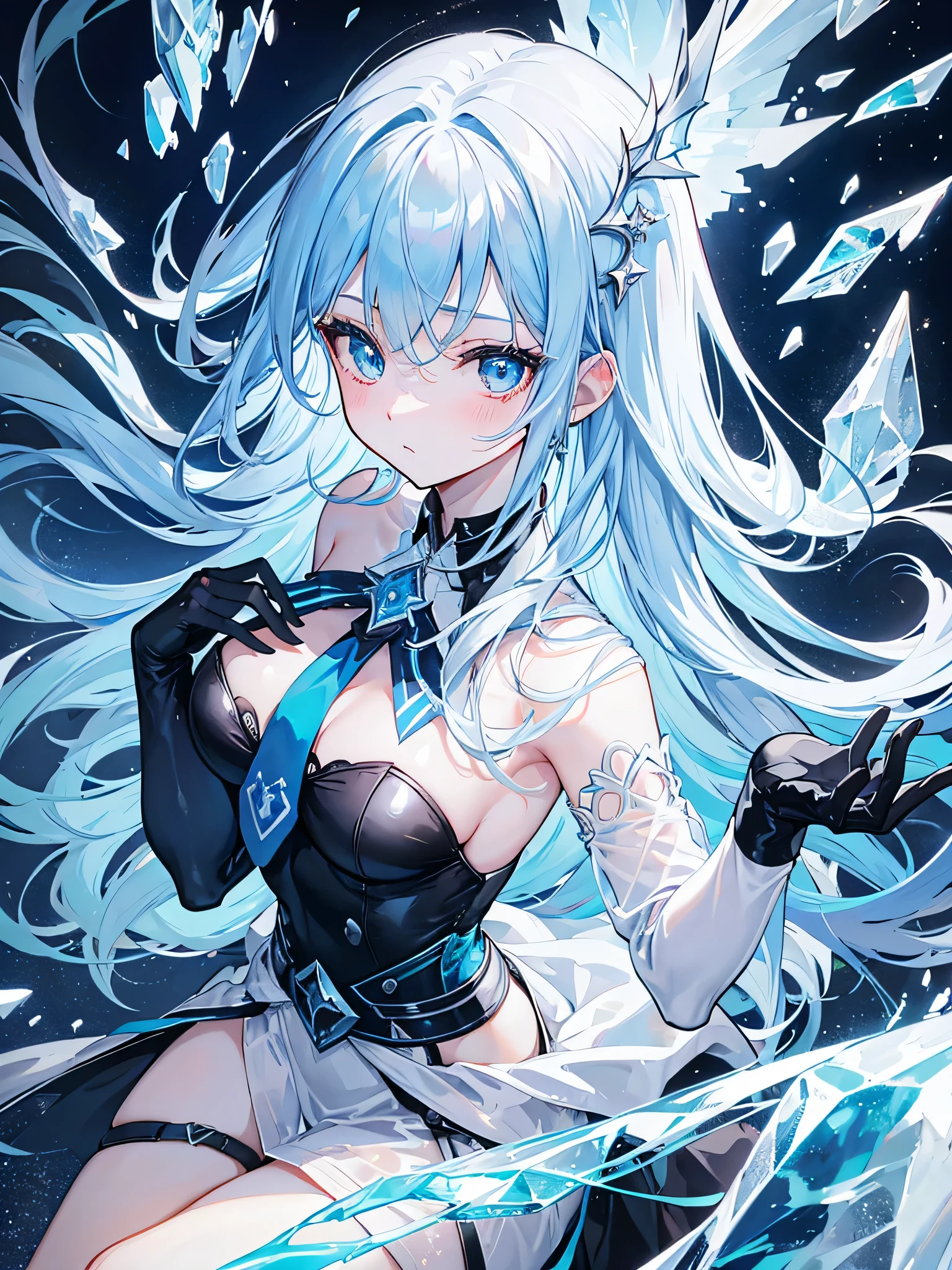 Long ice-blue hair that reaches the waist,Crystal blue transparent eyes,girl,Wearing a black and blue school uniform,The whole body exudes the breath of ice magic,The whole body is cold,Icy environment,,Several frozen high-rise buildings around,barefoot,Ice crystals appear near the feet,Fragments of ice crystals are also on clothes and hair,Poker face,blushing,She was frostbitten,wearing black gloves,Upper body