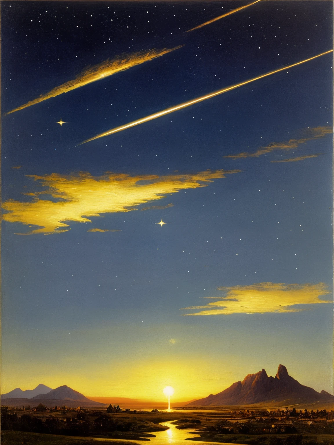 a painting of a cross in the sky with a mountain in the background, baroque painting. star lit sky, by Jakub Schikaneder, stary night painting, by Tim White, star lit sky, starry-night!!!!!!!!!!!!!!!!!!!!, starlit sky, star in the sky, starry skies, by Frederick Edwin Church, stary sky, starry sky, by Justin Gerard