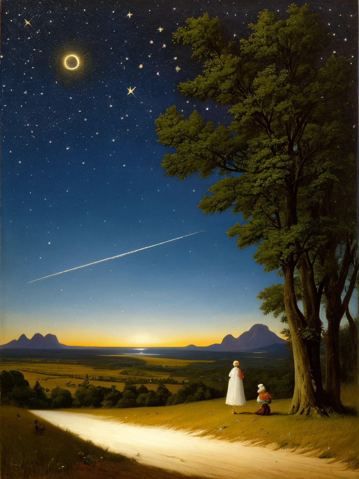 a painting of a cross in the sky with a mountain in the background, baroque painting. star lit sky, by Jakub Schikaneder, stary night painting, by Tim White, star lit sky, starry-night!!!!!!!!!!!!!!!!!!!!, starlit sky, star in the sky, starry skies, by Frederick Edwin Church, stary sky, starry sky, by Justin Gerard