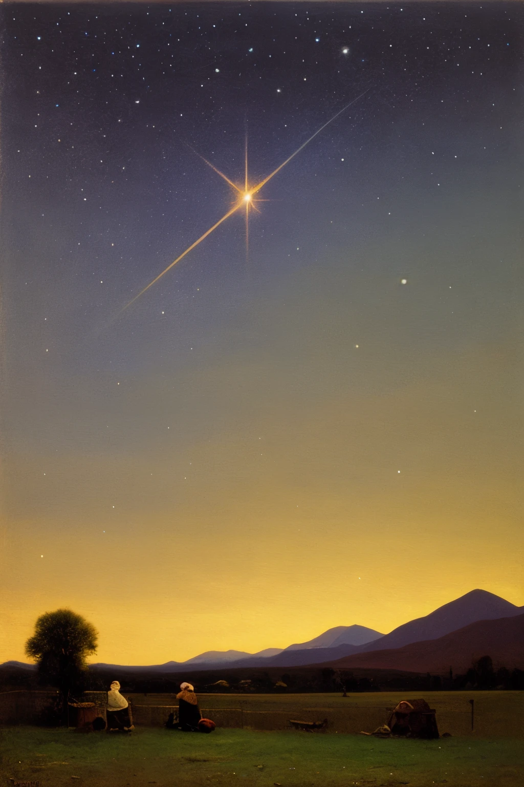 a painting of a cross in the sky with a mountain in the background, baroque painting. star lit sky, by Jakub Schikaneder, stary night painting, by Tim White, star lit sky, starry-night!!!!!!!!!!!!!!!!!!!!, starlit sky, star in the sky, starry skies, by Frederick Edwin Church, stary sky, starry sky, by Justin Gerard
