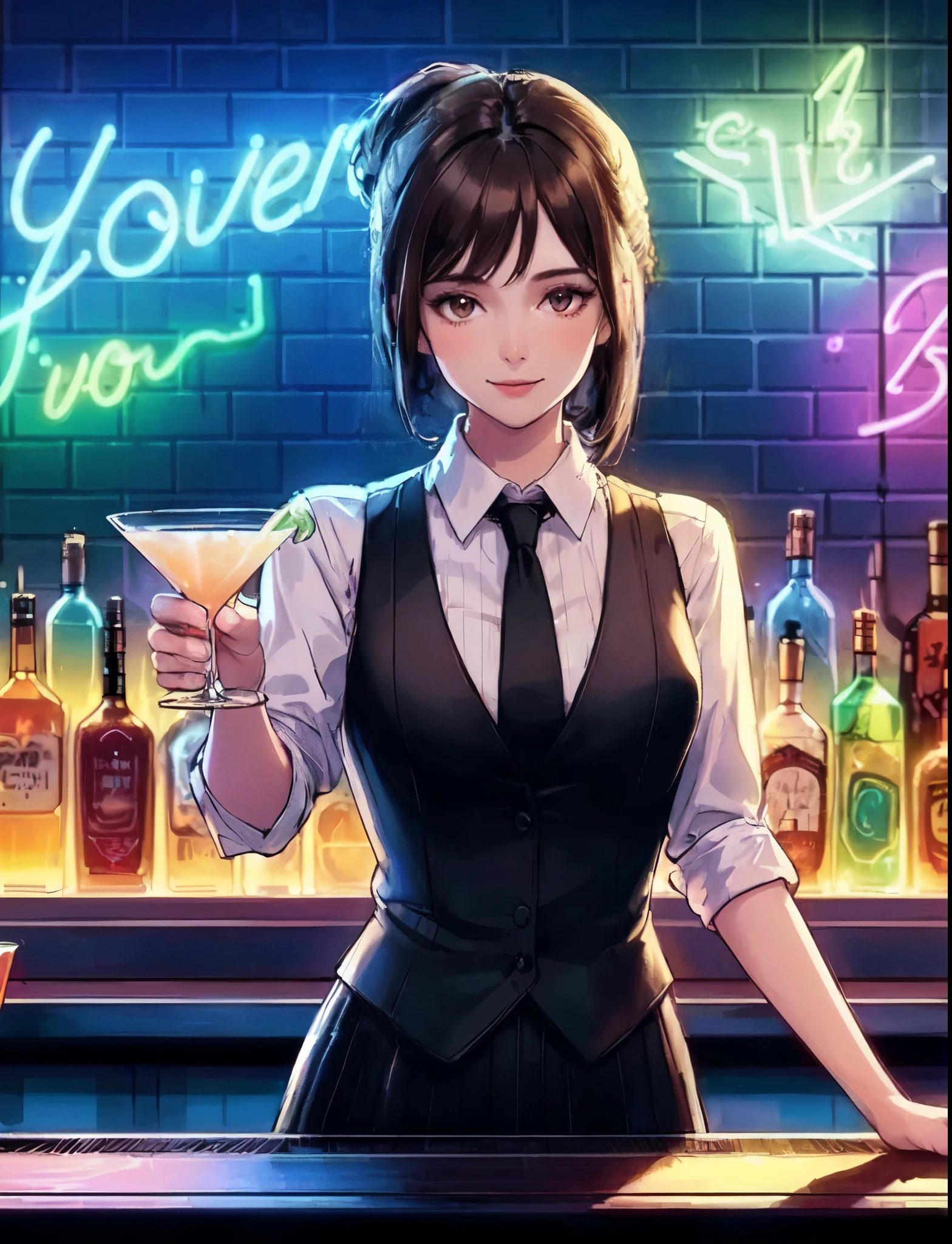 1lady standing, (holding up cocktail glass) (presenting cocktail glass toward viewers), bartender, (black vest over white dress shirt) tie, stylish outfit, mature female, /(black hair/), kind smile, (masterpiece best quality:1.2) delicate illustration ultra-detailed, medium breasts BREAK ((colorful neon signs:1.2 on wall), (neon tube) glowing BREAK (fashionable bar counter) indoors, ((cocktail glass) filled with colorful liquor), (dimly lit room), liquor bottles, detailed background