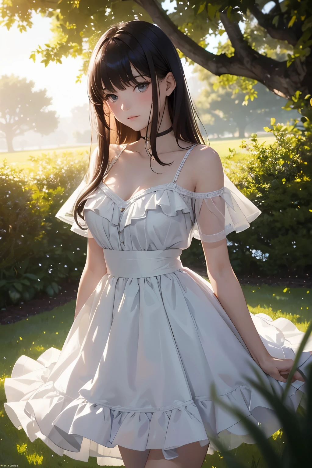 In the heart of a quiet and calm setting, bathed in melancholic lighting, sits a 18-year-old girl, masterpiece of best quality, with every detail meticulously crafted. The ultra-photorealistic image portrays a JinxLol character (1.2), her realistic skin glowing in the muted light. Her slender figure lies on the lush grass, surrounded by the beauty of a garden in full bloom. Tree shadows dance around her, and the gentle wind causes her tulle skirt to flutter gracefully.

Her long legs are slightly parted, revealing a hint of her delicate skin, and the charm of her blush-kiss