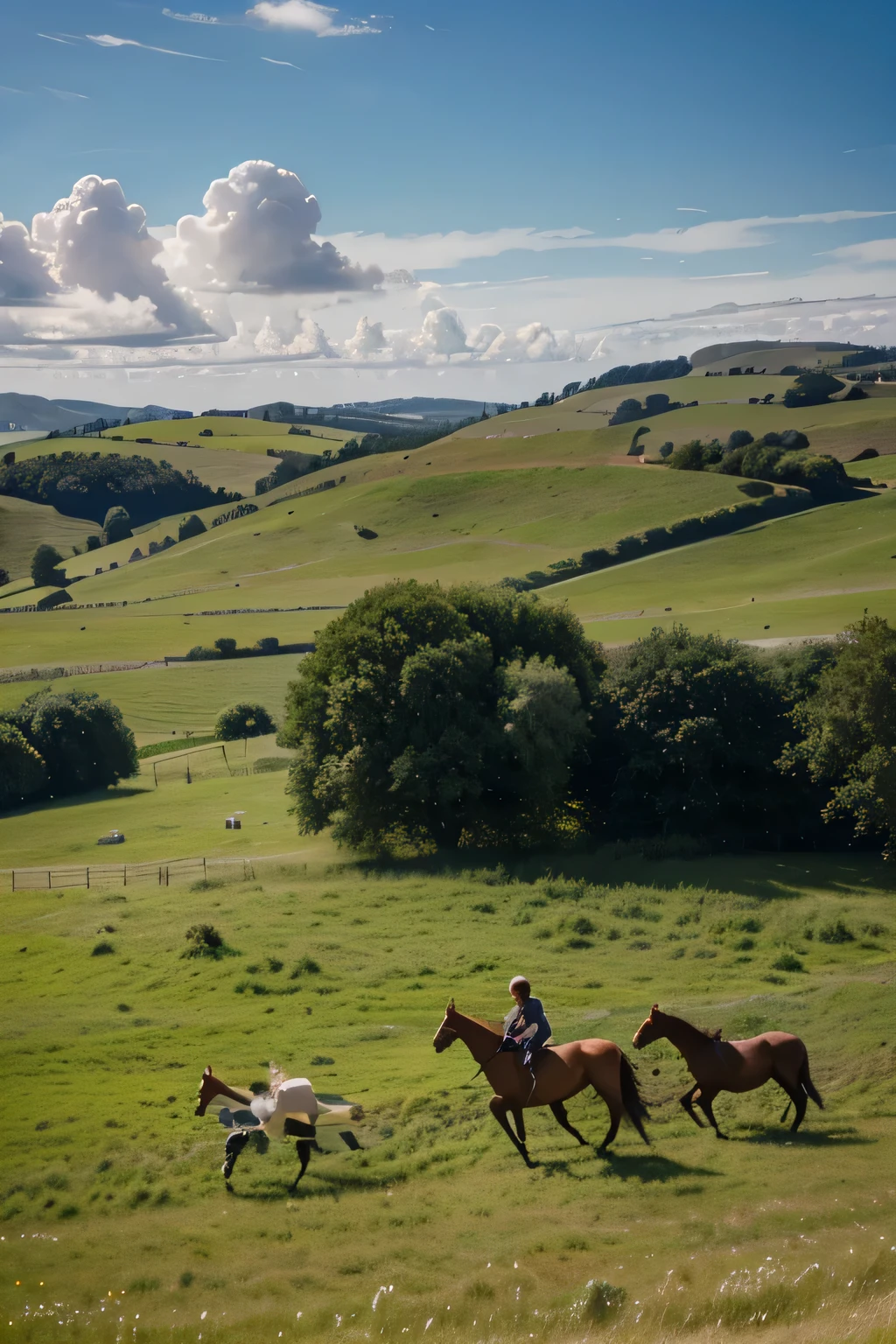 (best quality,highres:1.2),ultra-detailed,realistic,landscape,animals,horses,running,towards the horizon,vivid colors,beautiful countryside,herd of horses,galloping horses,dynamic scene,graceful movements,green grass,rolling hills,blue sky,fluffy clouds,sunlight filtering through,speed and motion,energy and power,harmony with nature,stunning landscape,freedom and wildness,serene atmosphere,lively and vibrant.