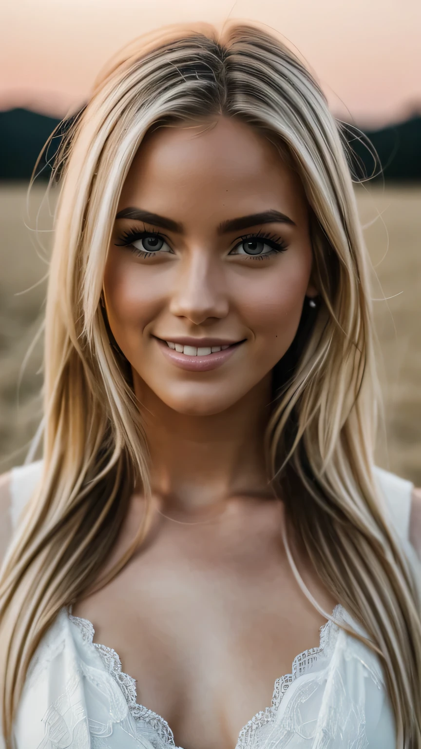 Hyper realistic and detailed full body photo of one young smiling blonde beautiful a woman. perfect eyes, (Eye makeup:1.1), (highly detailed skin:1.1), RAW, analog style, sharp focus, 8k UHD, DSLR, high quality, Fujifilm XT3, grain, award winning, masterpiece.