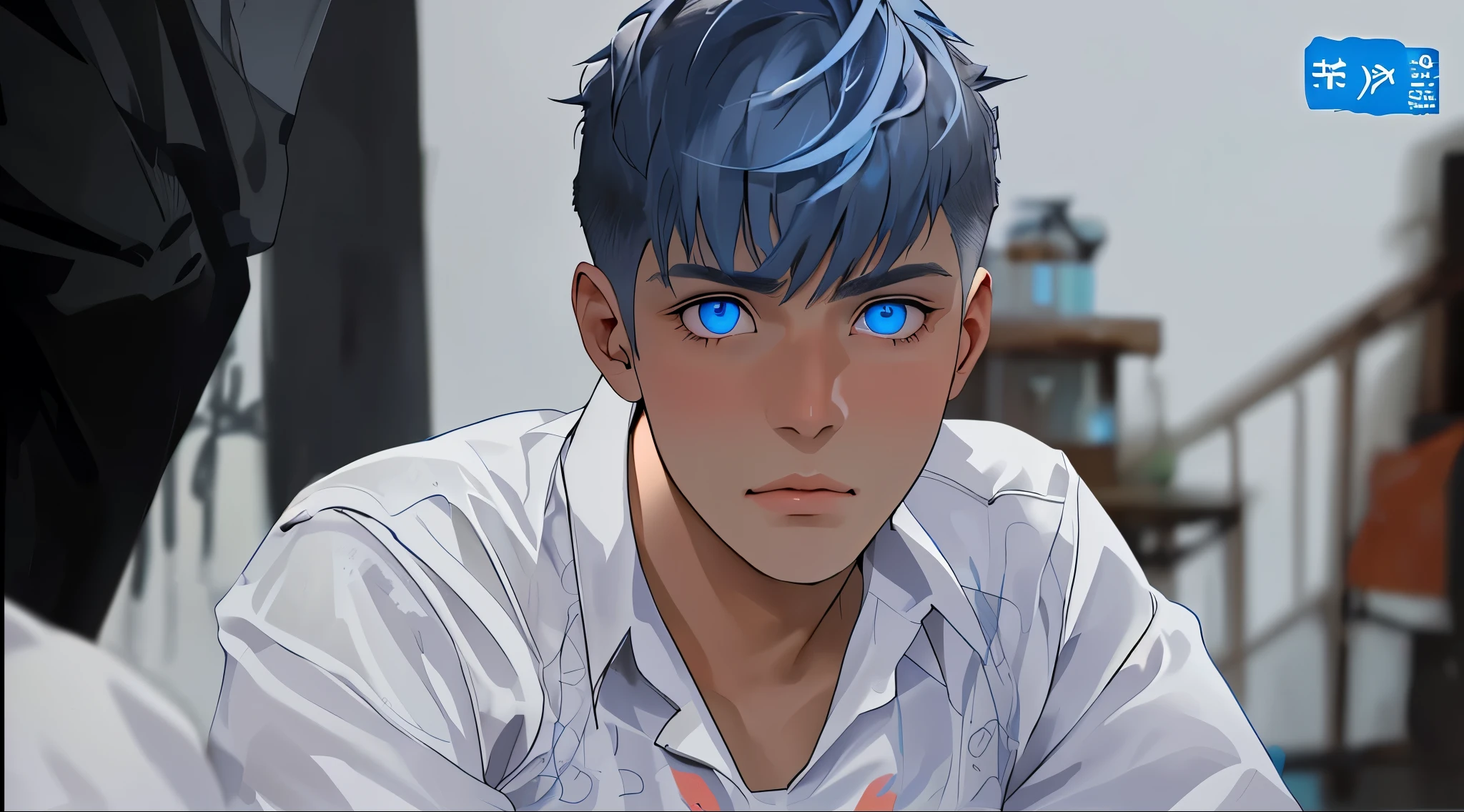 joven de cabelloplateado y ojos azules esta trsite y preocupado esta mirando a alguien