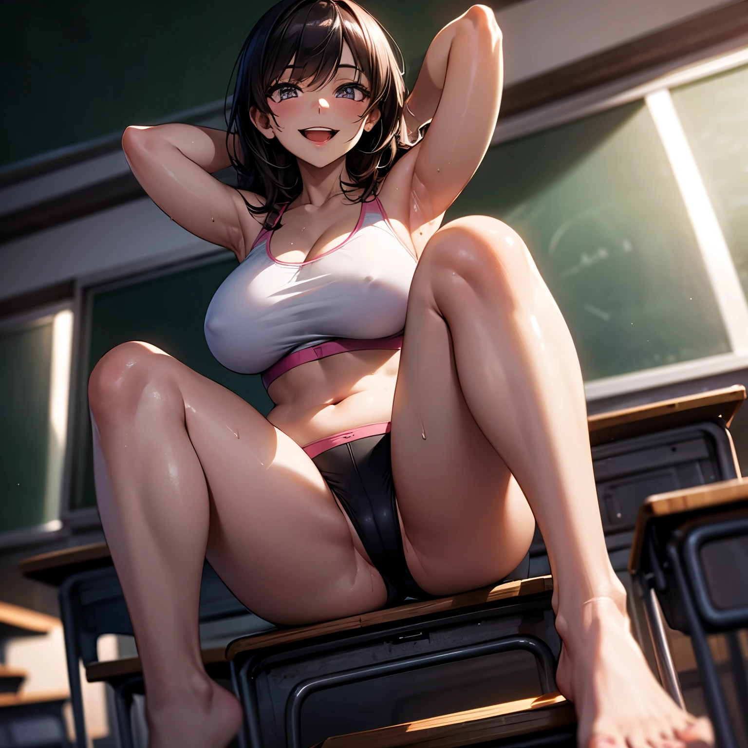 best quality,ultra-detailed,high resolution,extremely detailed CG,perfect anatomy,detailed,cinematic lighting,beautiful detailed eyes,ultra high res,pov,1girl,MILF,milf,gleaming skin,oil skin,large breasts,wide hips,skindantation,sweat,humid,clothed,curvy, (night:1.1),(moody lighting:1.3),(classroom:1.5),blue red pink white,dashed eyes,Pink Leggings,sports bra,sitting desk,legs up,legs over head,(seductive smile:1.8),(open mouth:1.3),from below