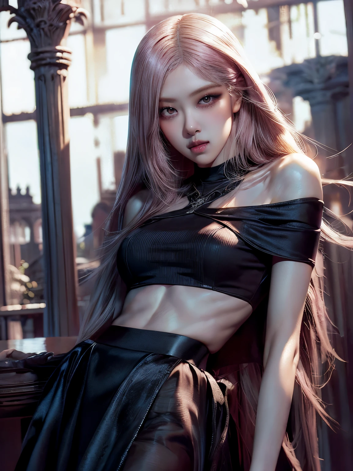 Princess of lightness,pink hair,busty,Glamour,Gorgeous,Jewelry,monochromes,Gothic goddess,light Fantasy,light Venus,erotic posing,Dynamic Posing,Dramatic,Cinematic,Detailed background,Gothic background,light fantastic view,Best Quality,masutepiece,8K,The ultimate detailed light background, Top image quality、RAW photography、超A high resolution、show legs,cropped shoulders,close-up all over the body,Be red in the face,overall look is very erotic。(Hand optimization),(Details are strengthened),(High Picture Quality) An 18-year-old female、Shot for one person only、model shoot、medium breasts、Wearing a black skirt、Beautiful Eyes of Details、Very slender eyes、Beautiful eyelashes、beautiful double eyelid、Very slim physique, Shy, with blush cheeks, Show off