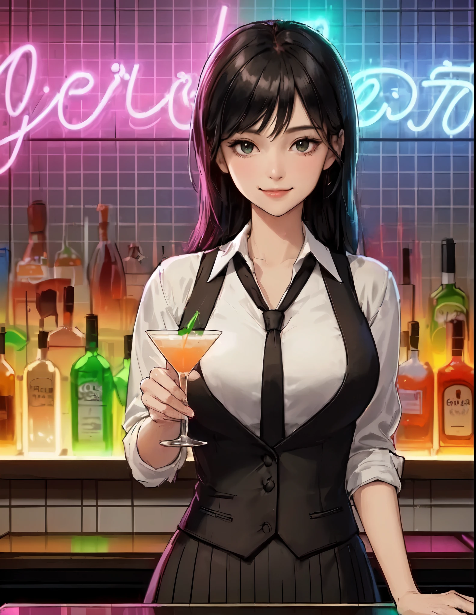 1lady standing, (holding up cocktail glass) (presenting cocktail glass toward viewers), bartender, (black vest over white dress shirt) tie, stylish outfit, mature female, /(black hair/), kind smile, (masterpiece best quality:1.2) delicate illustration ultra-detailed, medium breasts BREAK ((colorful neon signs:1.2 on wall), (neon tube) glowing BREAK (fashionable bar counter) indoors, ((cocktail glass) filled with colorful liquor), (dimly lit room), liquor bottles, detailed background