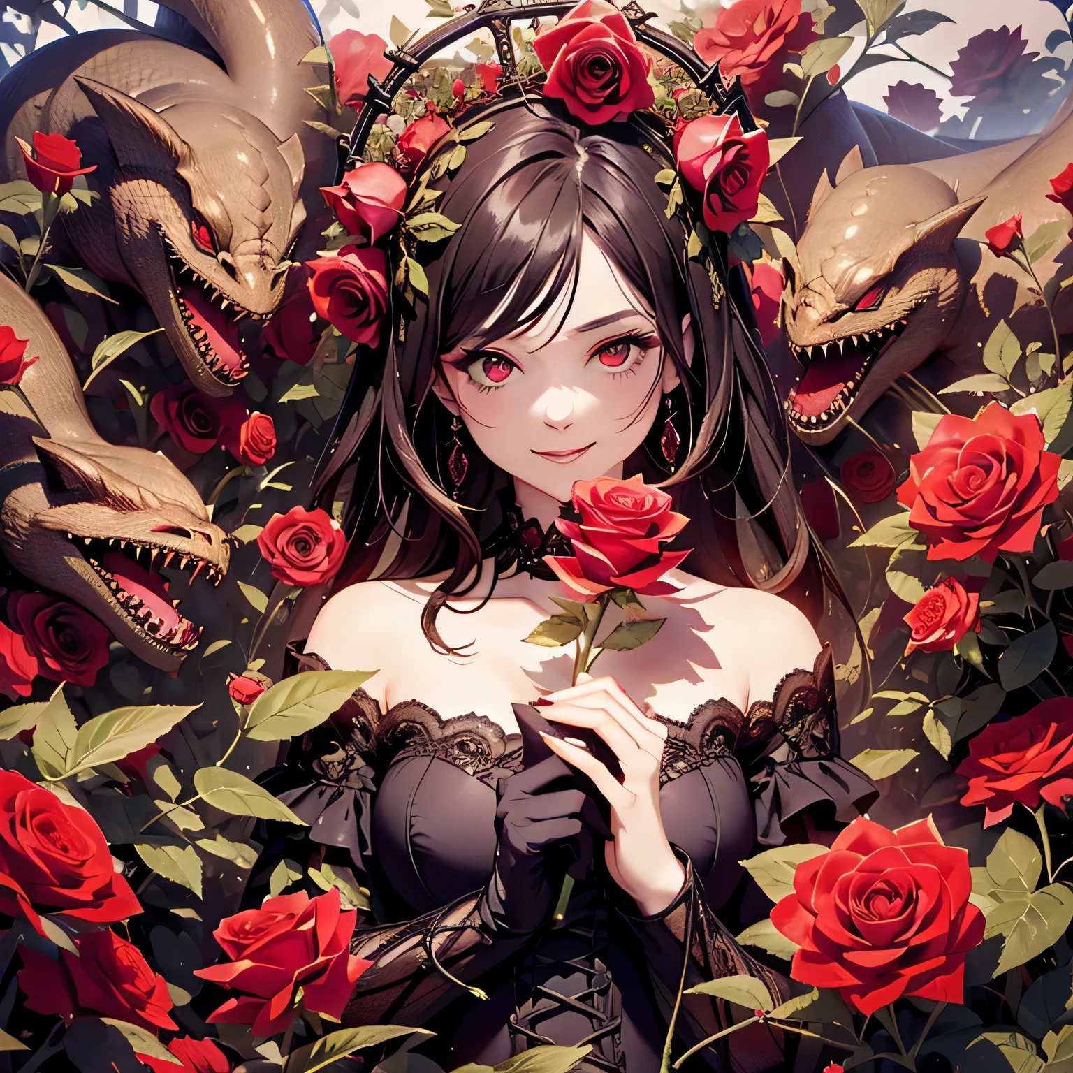 queen of roses. Fanged roses surround a beautiful woman. she is wearing a gothic dress. she has red eyes. Vine monsters are intertwined like snakes. fearless smile. full body image. rose garden.