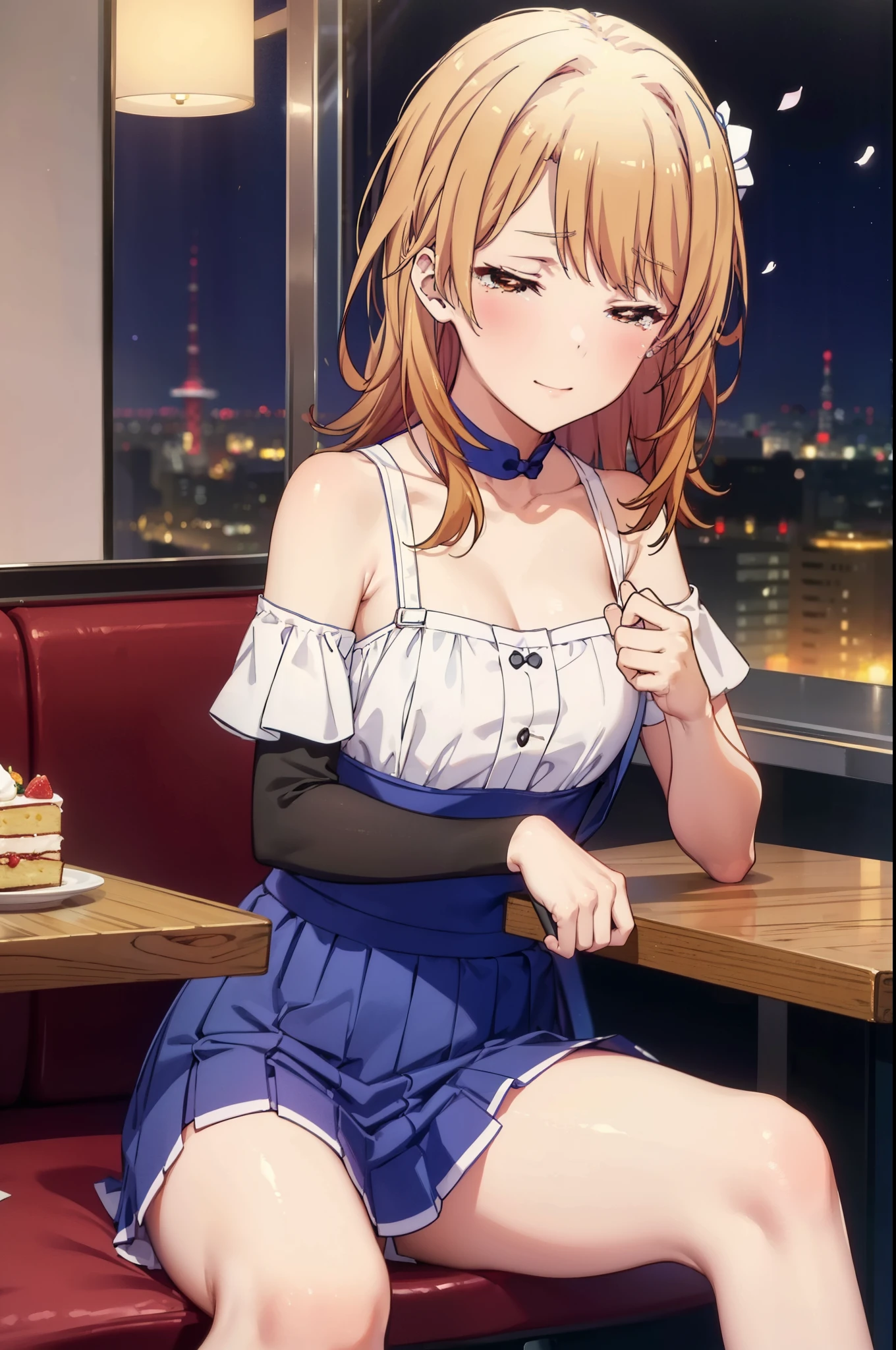 irohaisshiki, iroha isshiki, long hair, brown hair, smile,blush,open your mouth,close both eyes,tears run down her face,Crying with joy,cry a lot,white off shoulder dress,bare clavicle,bare shoulders,naked neck,long skirt,stiletto heels,A large cake and food are placed on the table.,sitting in a chair,confetti,ロマンチックな雰囲気
break indoors, A restaurant with a beautiful night view,
break looking at viewer,
break (masterpiece:1.2), highest quality, High resolution, unity 8k wallpaper, (figure:0.8),  highly detailed face, perfect lighting, Very detailed CG, (perfect hands, perfect anatomy),