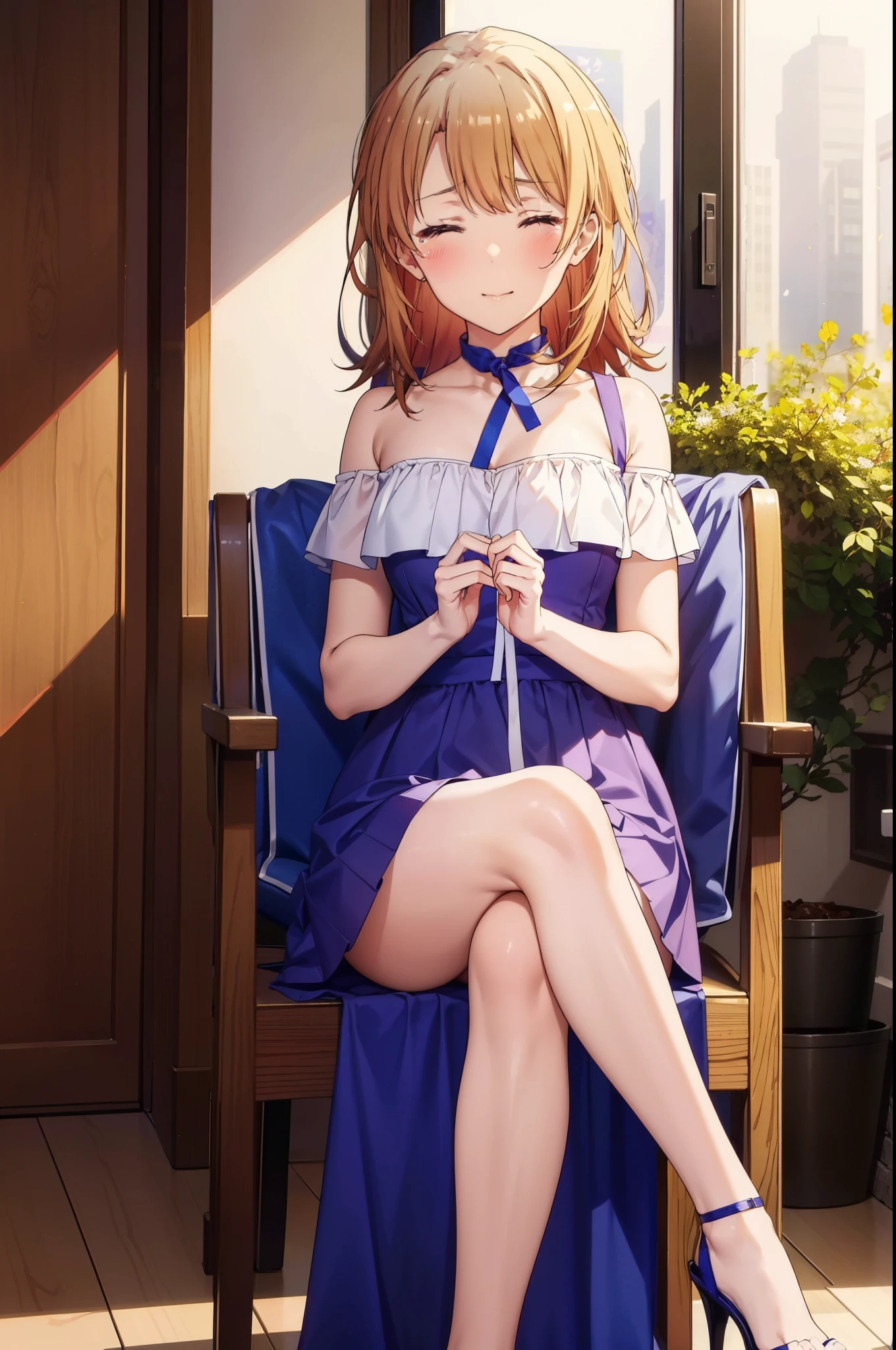 irohaisshiki, iroha isshiki, long hair, brown hair, smile,blush,open your mouth,close both eyes,tears run down her face,Crying with joy,cry a lot,white off shoulder dress,bare clavicle,bare shoulders,naked neck,long skirt,stiletto heels,A large cake and food are placed on the table.,sitting in a chair,confetti,ロマンチックな雰囲気
break indoors, A restaurant with a beautiful night view,
break looking at viewer,
break (masterpiece:1.2), highest quality, High resolution, unity 8k wallpaper, (figure:0.8),  highly detailed face, perfect lighting, Very detailed CG, (perfect hands, perfect anatomy),