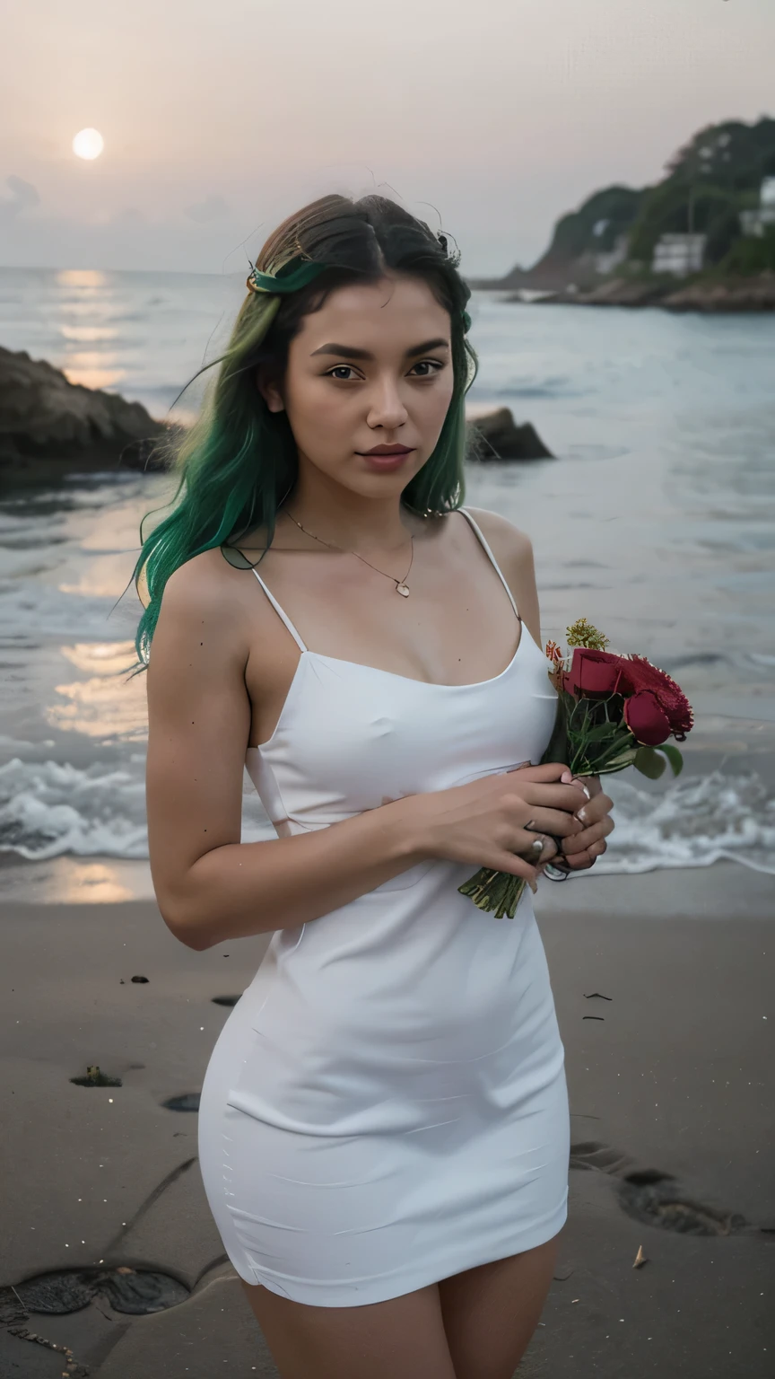 1girls, nur,beach,green hair,A 24-year-old girl,Green-eyed,By the seaside,Wearing a stylish thin mini dress,Holding a very large bouquet of roses,May the moon shine behind him/her,May there be waves in the ocean,May her hair flutter,Elegant jewelry,flawless hands.