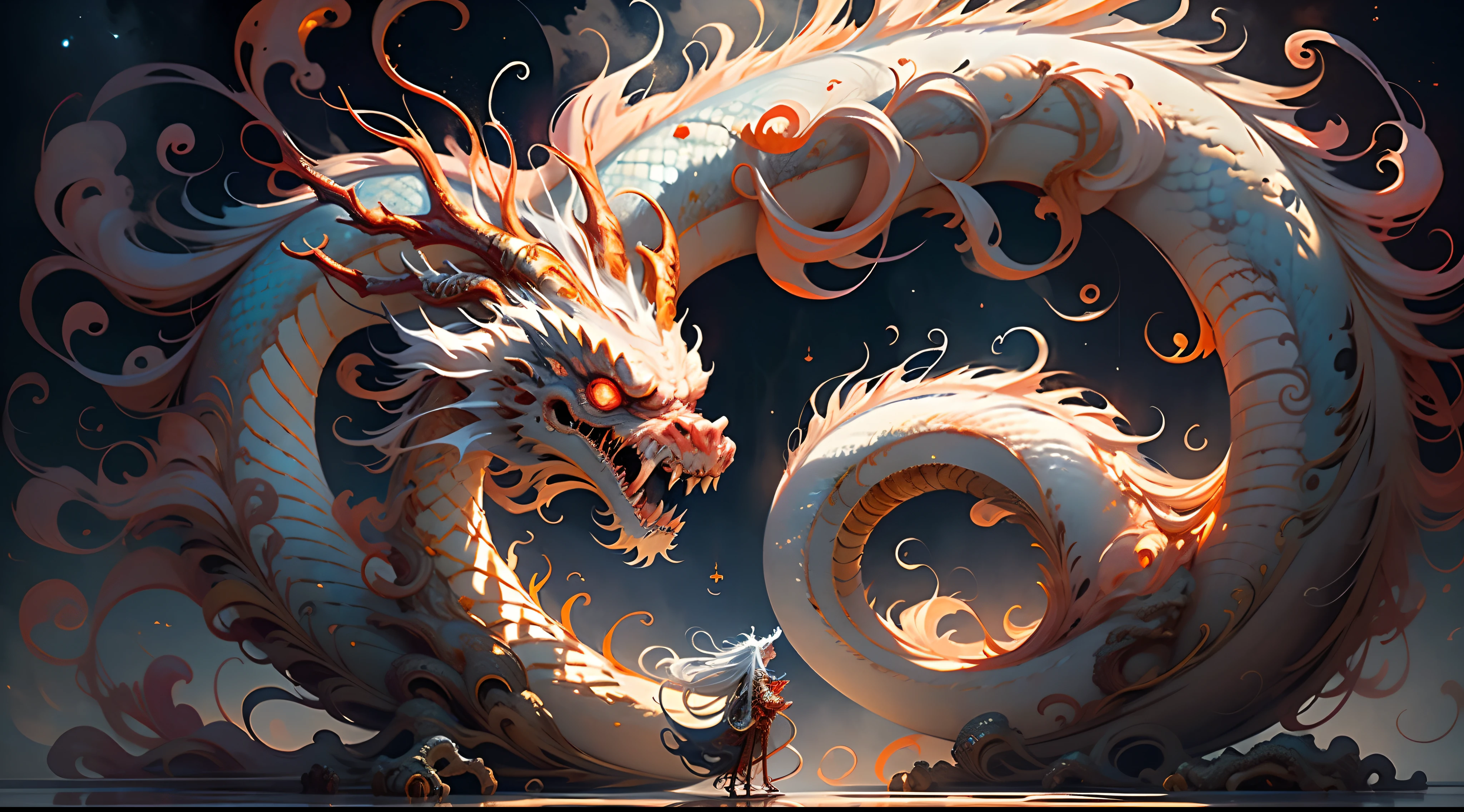 Best quality at best，tmasterpiece，ultra high resolution，chinesedragon，（The long：1.2），（finely：1.2），Long hair，dentes pontiagudos，red eyes，teeth，immensity，The bird，exteriors，standing on your feet，Coiled with a hop，hops，​​clouds，banya，from back，armour，Skysky，with her mouth open，faceoff，Accumulating power，ogre，White hair，buliding，vale，（textures true to reality：1.2），（Glowing multicolored scales：1.2），（realistic detail：1.2），hdr，Ultra-detailed 3D modeling，Like Tim Burton、Dale Chihuli、Xiaolongcheng、Cyril Rolando and other authors such as Jr. Giger's style paintings are just as magical。Shadows and lighting are intertwined，Produces brilliant results。