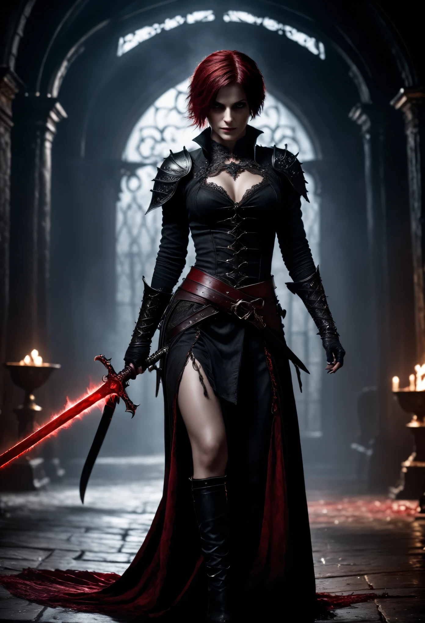 photo shot on Nikon D850, Bloodborne ~ Dark Souls 3 ~ Elden Ring ~ ultra detailed gorgeous woman with short black-red colored hair, extremely sexy,  dancing with a sword, in a world of black and red, dark gloomy  antique  atmosphere,  cinematic, blushing, teasing, Alluring. highly stylized. depth of field, bokeh effect, backlit, stylish, elegant, breathtaking, visually rich, masterpiece, full body shot.