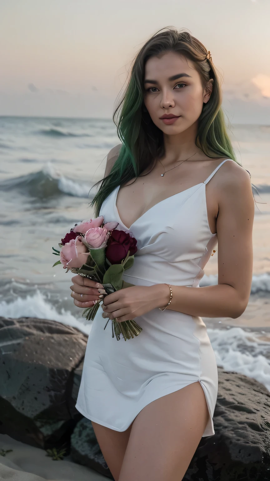 1girls, nur,beach,green hair,A 24-year-old girl,Green-eyed,By the seaside,Wearing a stylish thin mini dress,Holding a very large bouquet of roses,May the moon shine behind him/her,May there be waves in the ocean,May her hair flutter,Elegant jewelry,flawless hands.