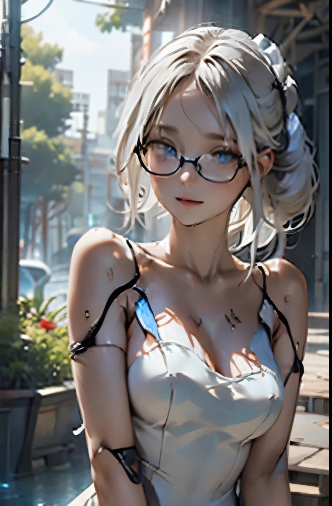 A Female robot is sleeping in forest, spread legs, nude, banzai pose. she does not wear any dress. Her black short hair is tied with big hairpin, She lifts up the under hem of her white plain dress, leaning over, masterpiece, mature, android, blue eyes, full body figure, Height: 160cm, flushed cheeks, 2020s anime picture, A beautiful female robot , No NSFW, whole body, barefoot, archaic smile, getting orgasm, 25 years old, sweat bucket. She wears silver metal flamed glasses.