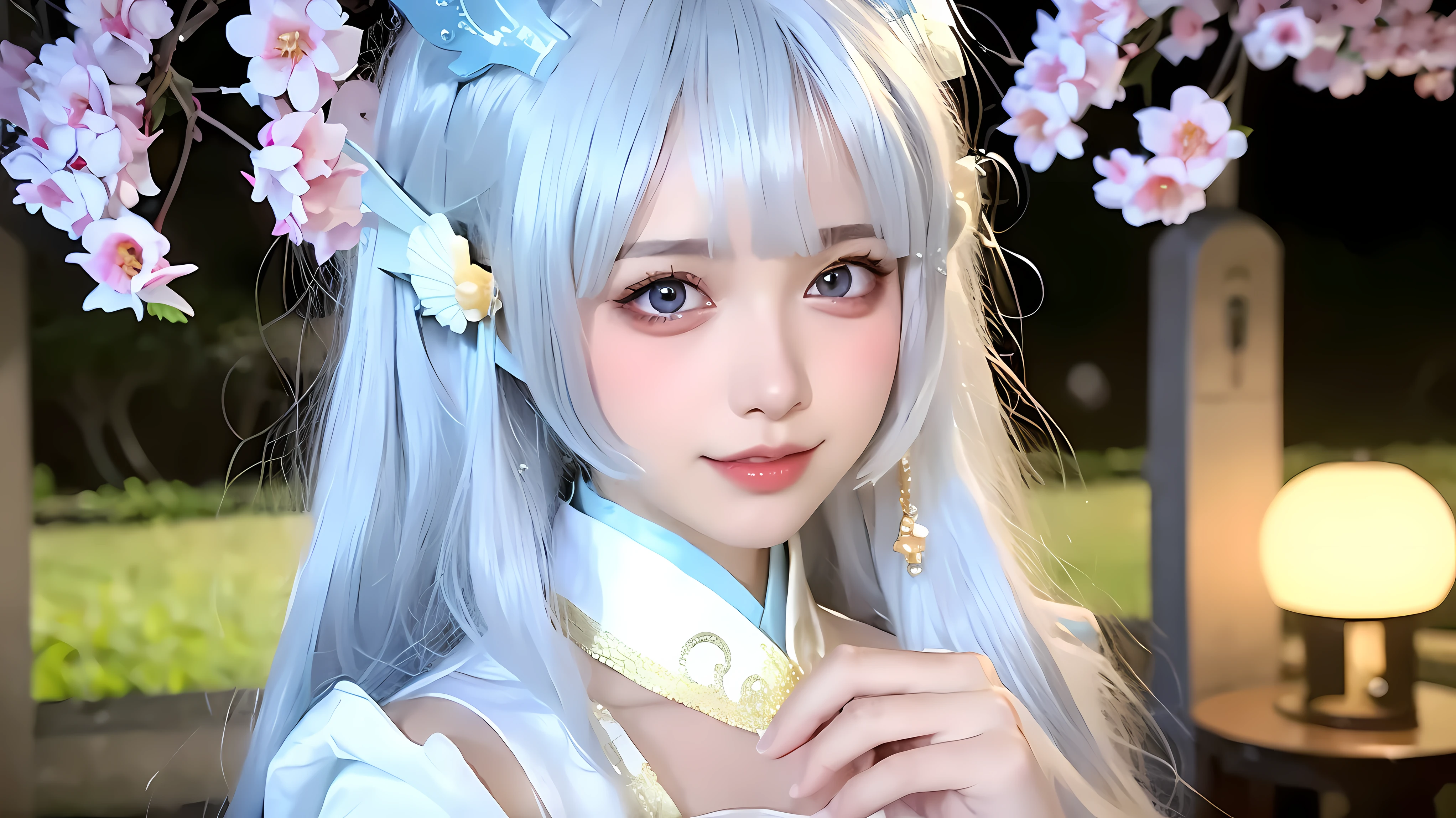 (ulzzang-6500-v1.1:0.8),(original photo:1.2),((lifelike:1.4)),(Upper body),best quality ,masterpiece, extremely delicate and beautiful, Very detailed ,CG ,Unite ,8k wallpaper, Astonishing, fine details, masterpiece,best quality,official art,Very detailed CG Unite 8k wallpaper,Ridiculous, incredibly Ridiculous, File size is huge, Super detailed, high resolution, Very detailed,Beautiful and delicate girl, Very detailed eyes and face, Beautiful and delicate eyes,There is light on the face,movie lighting,1 girl,looking at the audience,east asian architecture,(blurred background:1.2),Cherry blossoms, lantern light, depth of field,