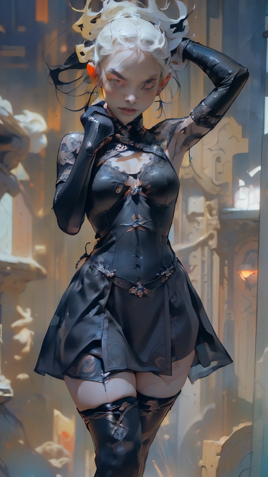 (((Create one girl 16+ years old.), (close-up), (stands all tall)), ((Dark and mysterious), (Night, rain blood, gothic anime girl)))_(((Gothic unusual masterpiece art)),((ominous clouds, hauntingly beautiful, ethereal moonlight, eerie shadows))_(((Little , miniature, chibi, full-length)),((miniature-graceful body, full-length - standing) , (beautiful figure, half-turn)_(16+ years)))_(((Cute girl, small peach breasts, graceful figure, narrow waist, smooth hips)),((long double braids),(tight braids) , (braided hair),(dark hair)),((red lips)), ((smile)))_ ((((Shiny skin:1.5, white skin, light skin: 1.5)),((sexy), (erotic),(cute, kawaii)(nsfw)))_(((Bare shoulders, black lace dress)),(((black chiffon dress, very short dress, tight-fitting), (black), (sheer lace dress) ),((stands almost completely naked, tattoos)))_(((Arms in elbow pads, palms in tactical gloves),(bare thighs, stomach)),((legs in combat knee pads, thigh-high stockings)), (( chunky leather lace-up boots)))_(((Impressive artistry, exquisite details, gothic architecture, dramatic lighting, vibrant red hues, ominous figures, strange symbols, surreal elements))_((Strong contrasts, eerie, artistic masterpiece, detailed textures, dark color palette, foreboding horror), (alien flowers, skulls))_((Digital painting, anime style, cyberpunk), (best quality, 4k, high resolution, masterpiece: 1.2)),((ultra detail)) ,((realistic, photorealistic, photorealistic: 1.37)))_(((Soft clear shapes, broad strokes, attention to detail)))_(((High quality, 16K | Ultra HD | Full HD))).