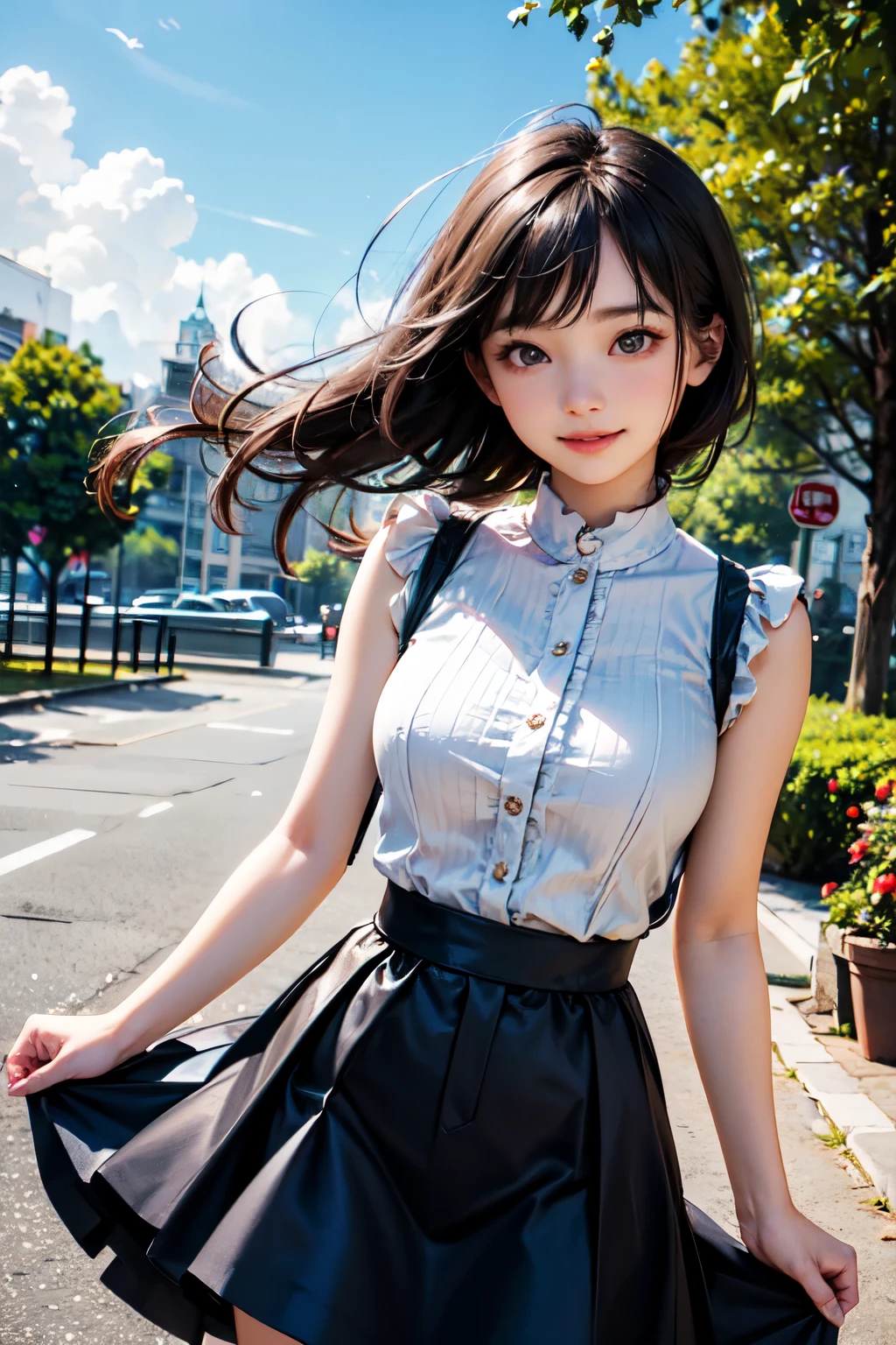 very cute and beautiful girl,(highly detailed beautiful face),(smile:1.2),cowboy shot,
navy blue frilled dress,standing,stylish pose,(detailed legs,mini skirt:0.9),
black hair,(rose garden),navy harbor,warships in distance,
(best quality,masterpiece:1.0),absurdres,highres,ultra-detailed,extremely detailed,32k,8k resolution,
intricate details,cinematic scene,detailed background,solo,dynamic angle,
solo,natural lighting,hair fluttering in the wind,beautiful detailed sky,