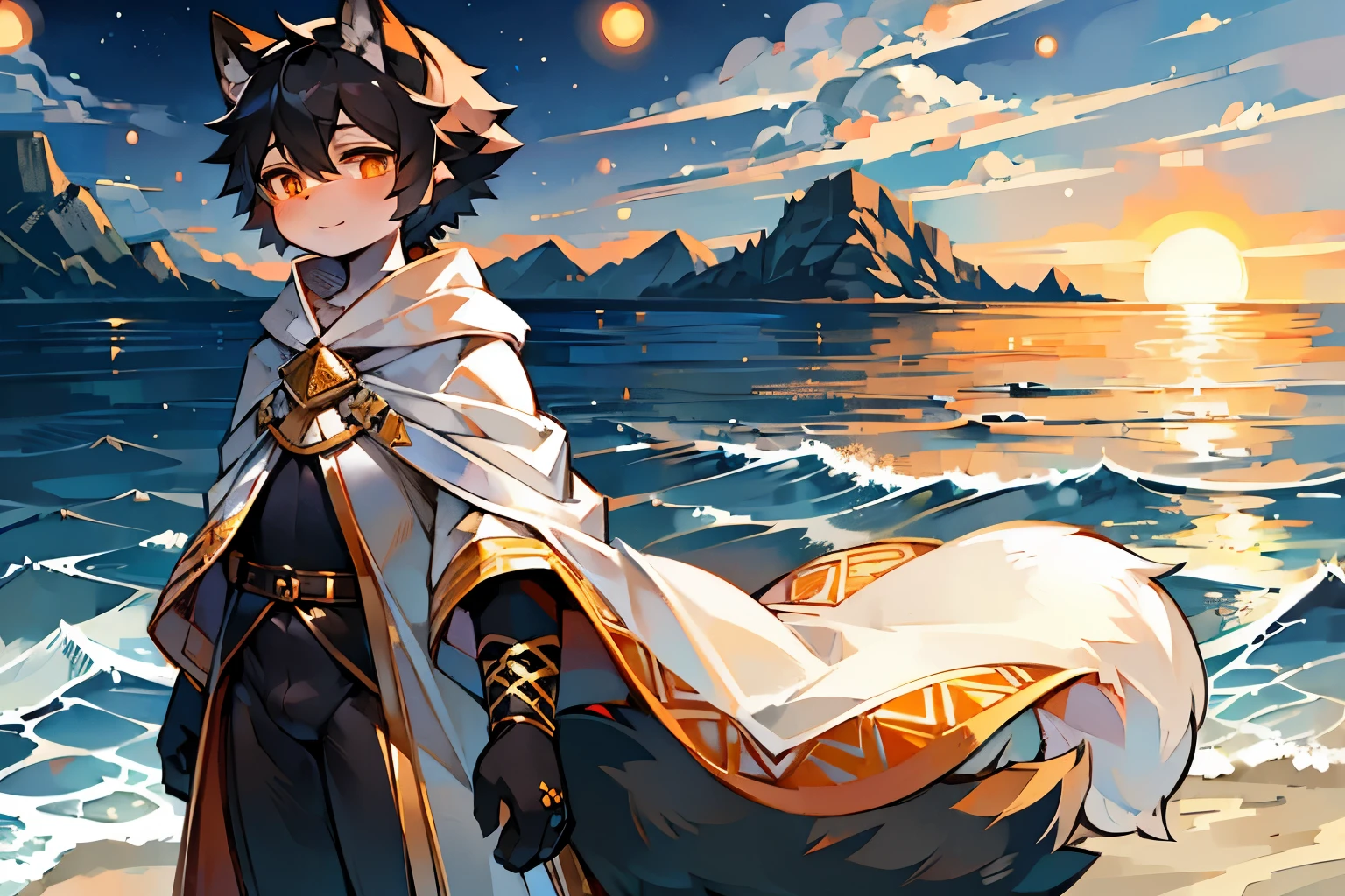 A black-haired wolf,Orange pupils,white robe,orange decoration,seaside,beach,sea,vast sky,flowing robe,Lovely shota,white skin,站在beach上,sunset,Dusky sky,面对sea,short hair,蓬松的black tail,Orange texture,headgear,knight,orange color shirt,black tail,white cloak,Smile