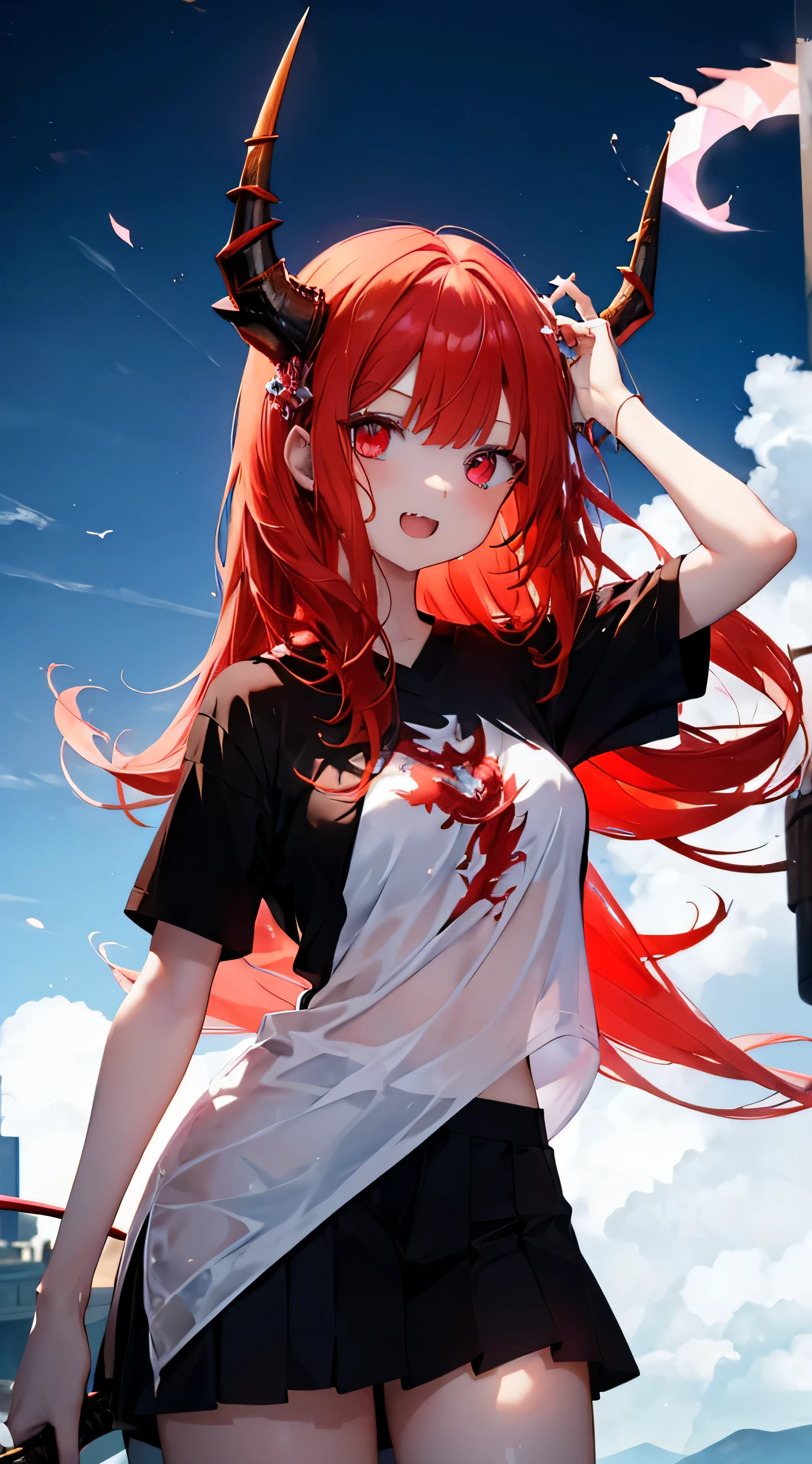 1girl, ( young girl, cute girl), slim body.medium breast, red hair.detailed beautiful eyes. Glowing eye. Bright red eyes, long hair, bangs, black flower hair ornament, white T - shirt, holding sword, top body.smile open mouth.dragon horns. Sharp teeth