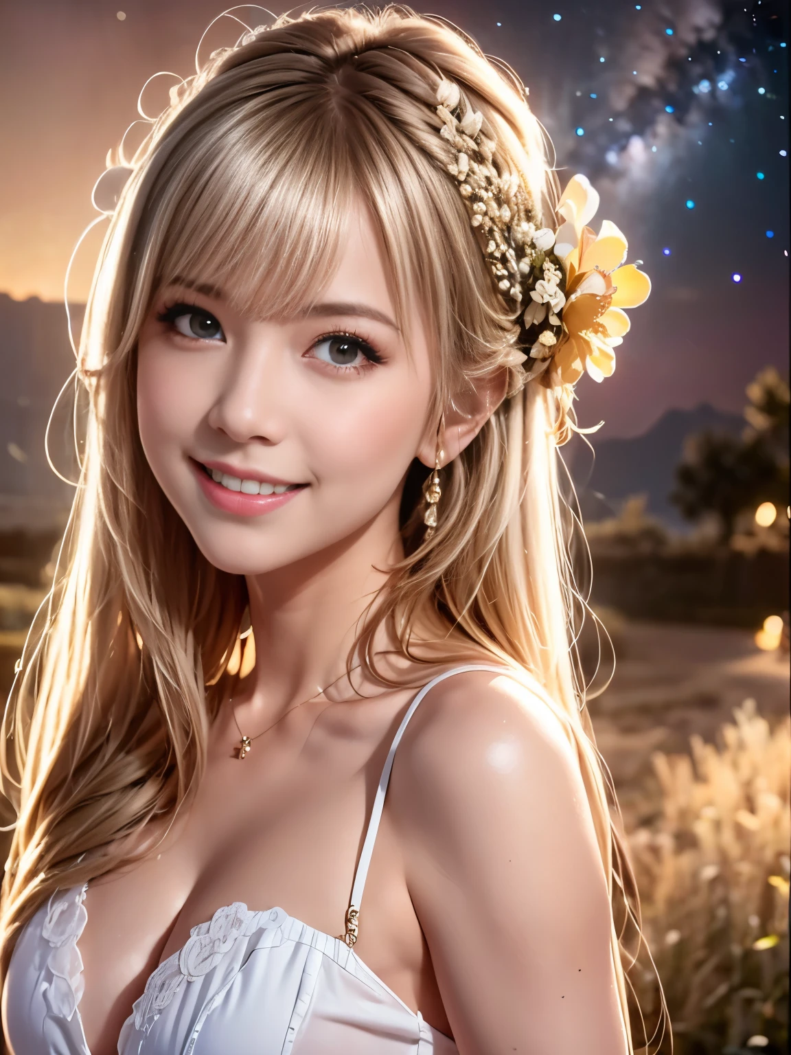 (highest quality, masterpiece), 1 girl, Pause, particle, Wind, flower, Upper body, simple background, looking at the audience, blonde, milky way, beautiful