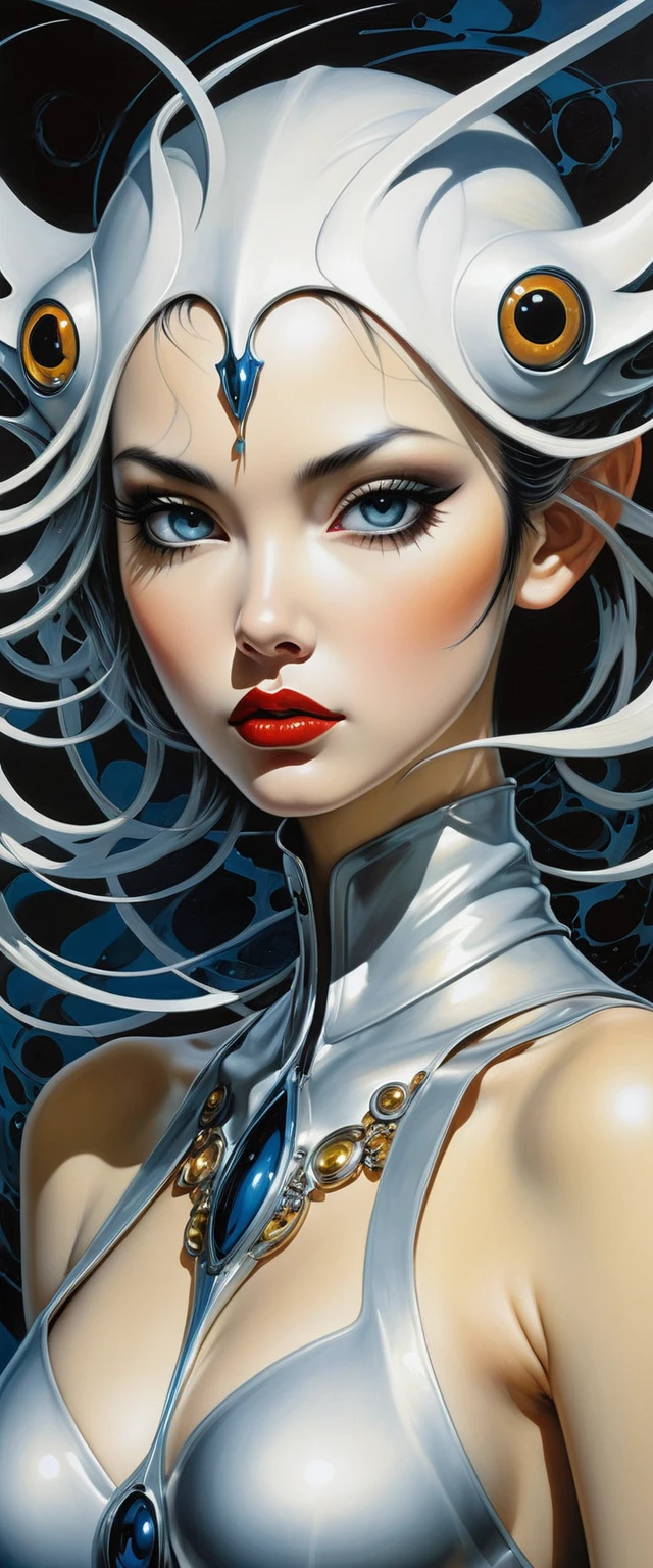 complex seduction by Greg Simkins and by Gerald Brom, tilted horizon , Abstract Expressionism but extremely beautiful, (intricate details, masterpiece, best quality ,Abstract Expressionism art, High contrast, minimalistic, colorful, stark, dramatic, , looking at viewer, dynamic pose,  perfectly centred, neo-expressionist oil paint, centred, posing portrait by hajime sorayama, looking at viewer --testpfx, 59095807385103906:1.0