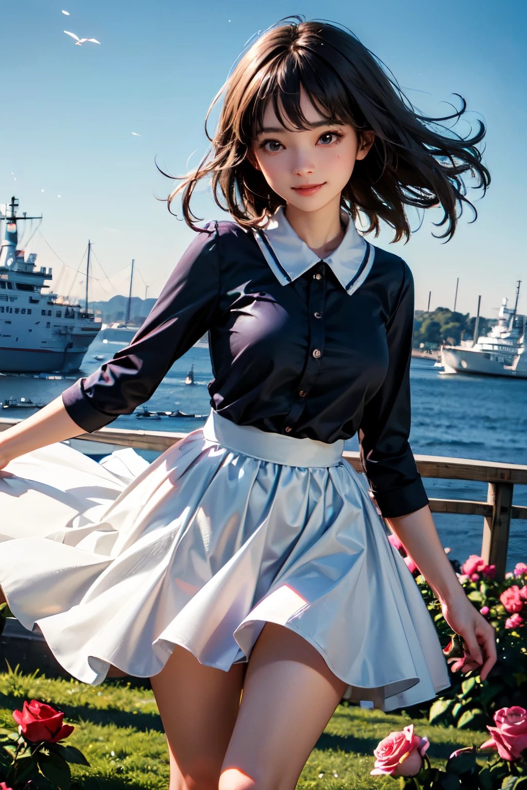 very cute and beautiful girl,(highly detailed beautiful face),(smile:1.2),cowboy shot,
navy blue frilled dress,standing,stylish pose,(detailed legs,mini skirt:0.9),
black hair,(rose garden),navy harbor,warships in distance,
(best quality,masterpiece:1.0),absurdres,highres,ultra-detailed,extremely detailed,32k,8k resolution,
intricate details,cinematic scene,detailed background,solo,dynamic angle,
solo,natural lighting,hair fluttering in the wind,beautiful detailed sky,